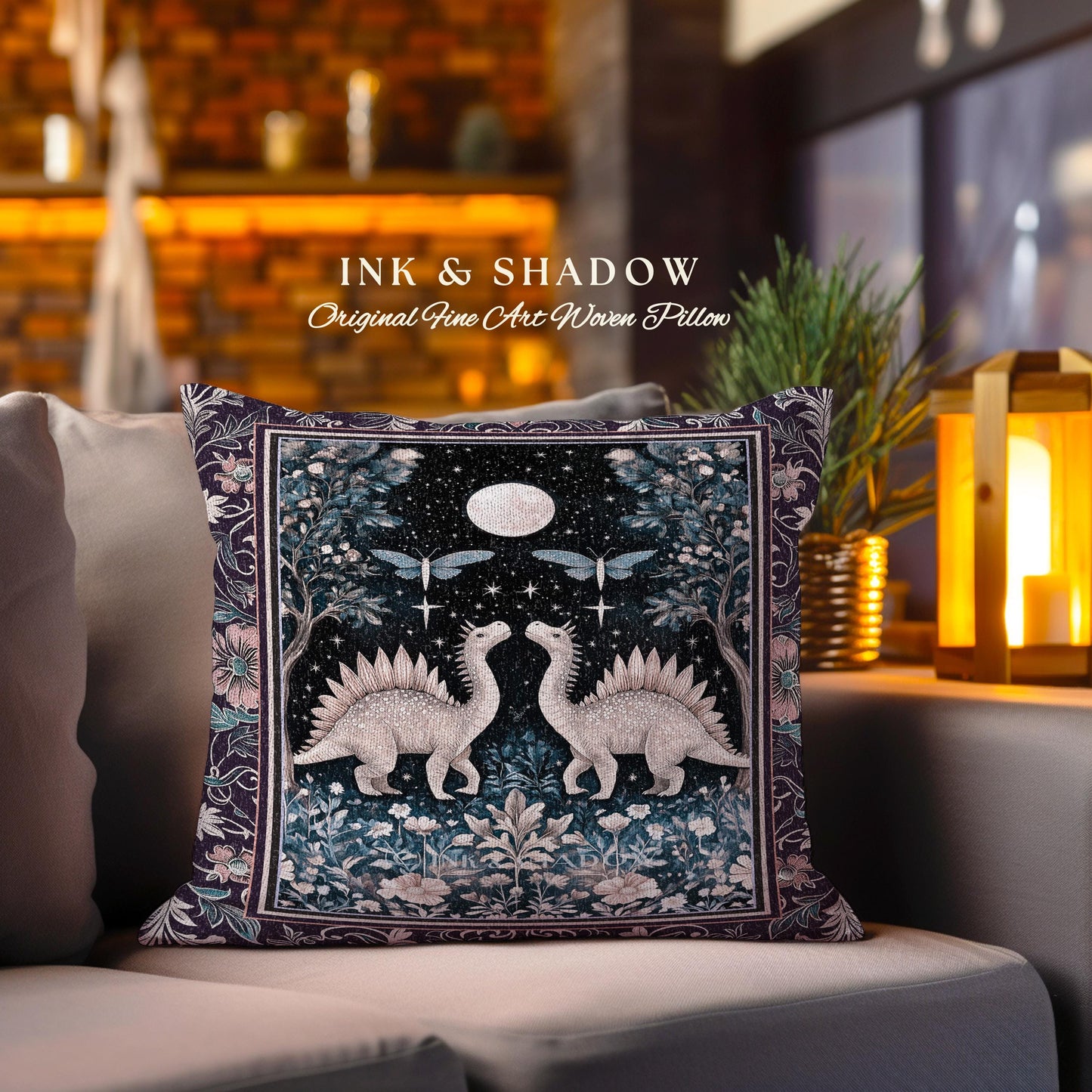 Cute Dino Whimsical Moonlit Pillow | Moth Night Sky Ethereal Woodland Dinosaur Woven Cushion Ornate Medieval Floral Vintage Dark Maximalist