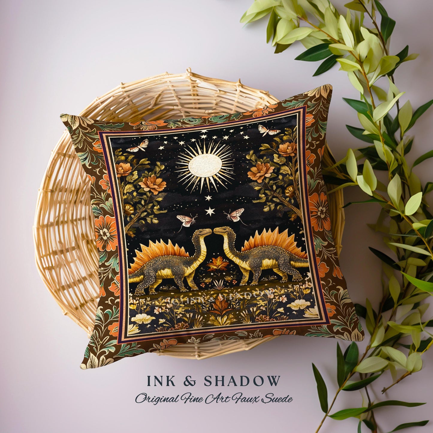 Dinosaur Lovers Whimsical Celestial Pillow | Maximalist Floral Dino Cushion Night Sky Woven Tapestry Cushion Stegosaurus Nursery Home Accent