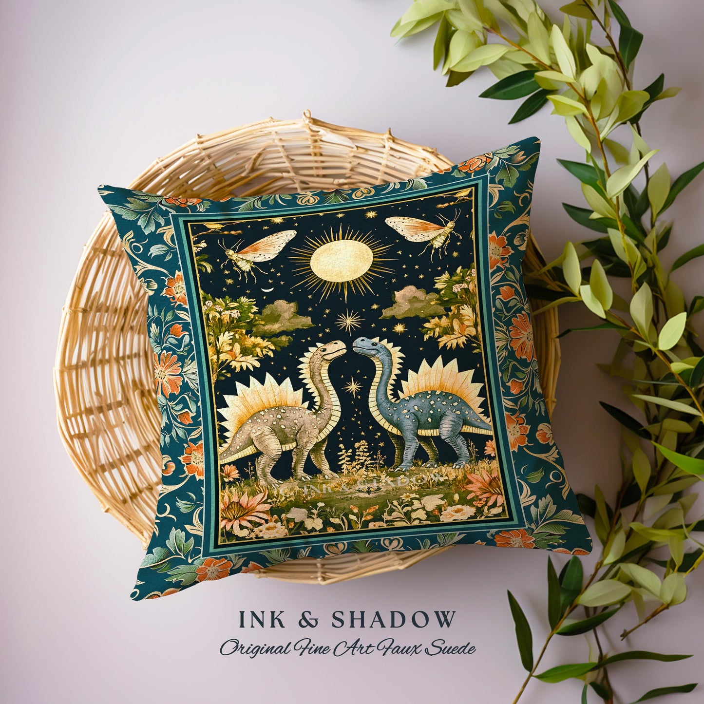 Ethereal Dino Lovers Woven Pillow | Whimsical Dinosaur Nursery Cushion Moth Ornate Medieval Jurassic Floral Vintage Dark Maximalist Art TRex
