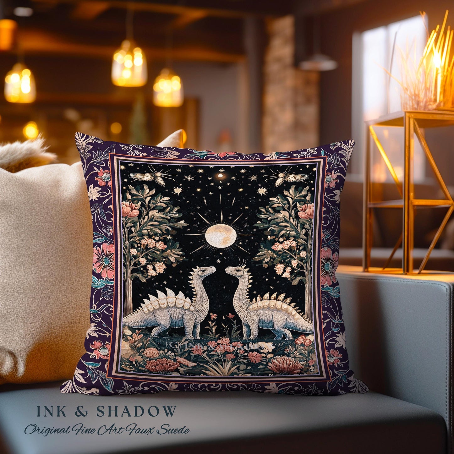 Enchanted Forest Stegosaurus Pillow Celestial Dinosaur Witchy Cottagecore Whimsigoth Decor, Moonlit Woodland Gothic Floral Jurassic Cushion
