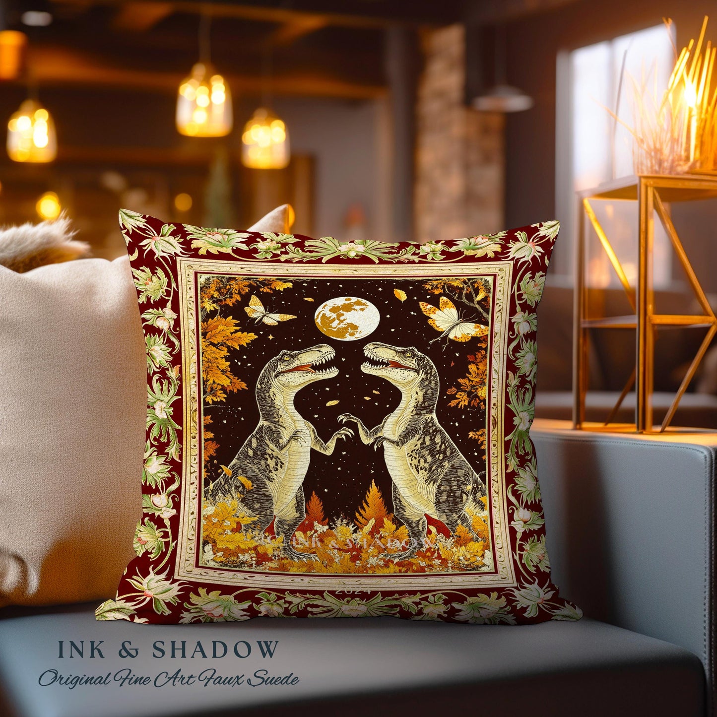 Baroque Dinosaur Pillow Ornate Medieval Botanical Nightscape Art | Vintage Dark Academia Woodland Gothic T-Rex Enchanted Forest Fantasy |