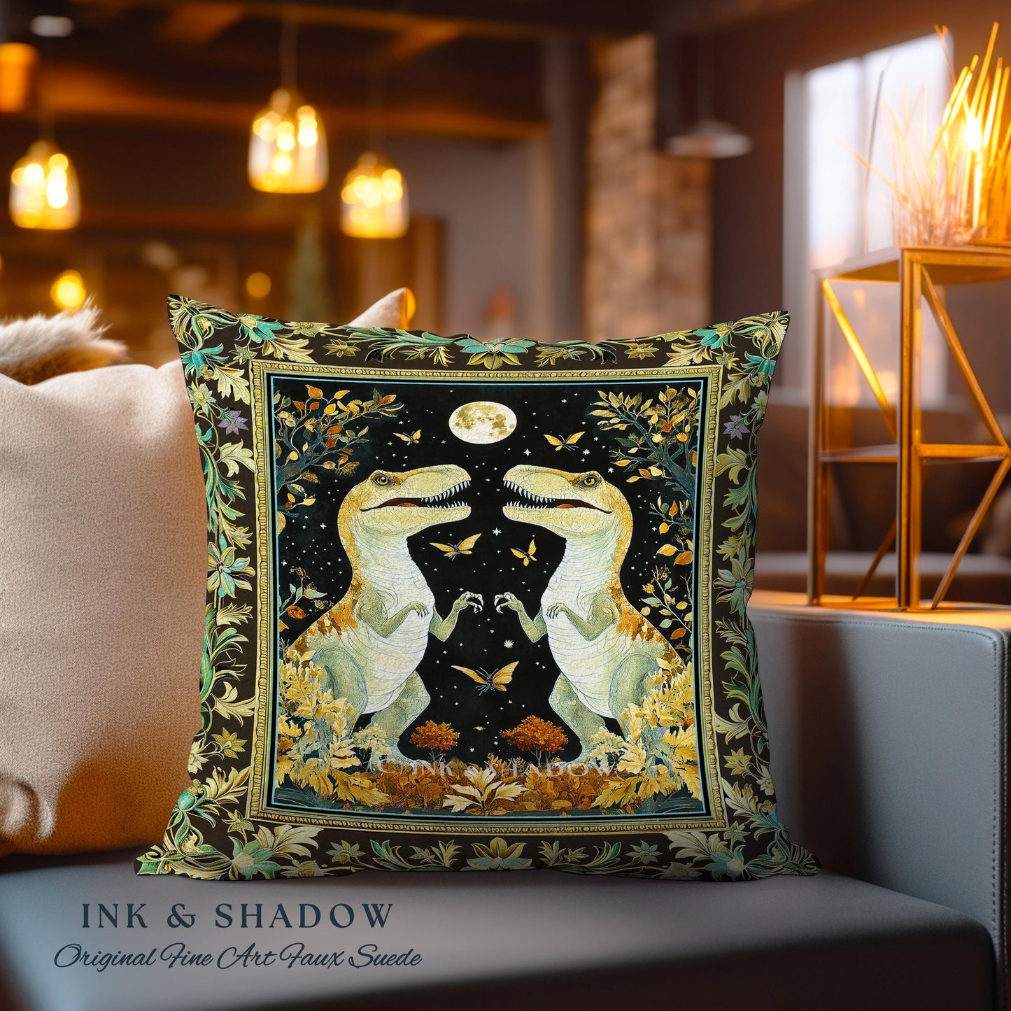 Mystical T-Rex Pillow Celestial Night Enchanted Forest Decor | Whimsical Dark Woodland Whimsy Vintage Dinosaur Art Fantasy Forestcore Accent