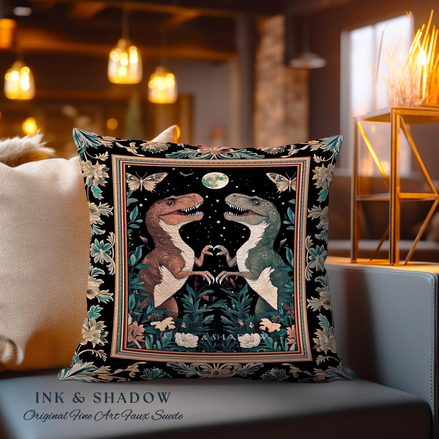 T-Rex Whimsical Academia Pillow | Dinosaur Woven Cushion Ornate Medieval Nightscape Vintage Dark Woodland Gothic Moonlit Moth Bedroom Cute |