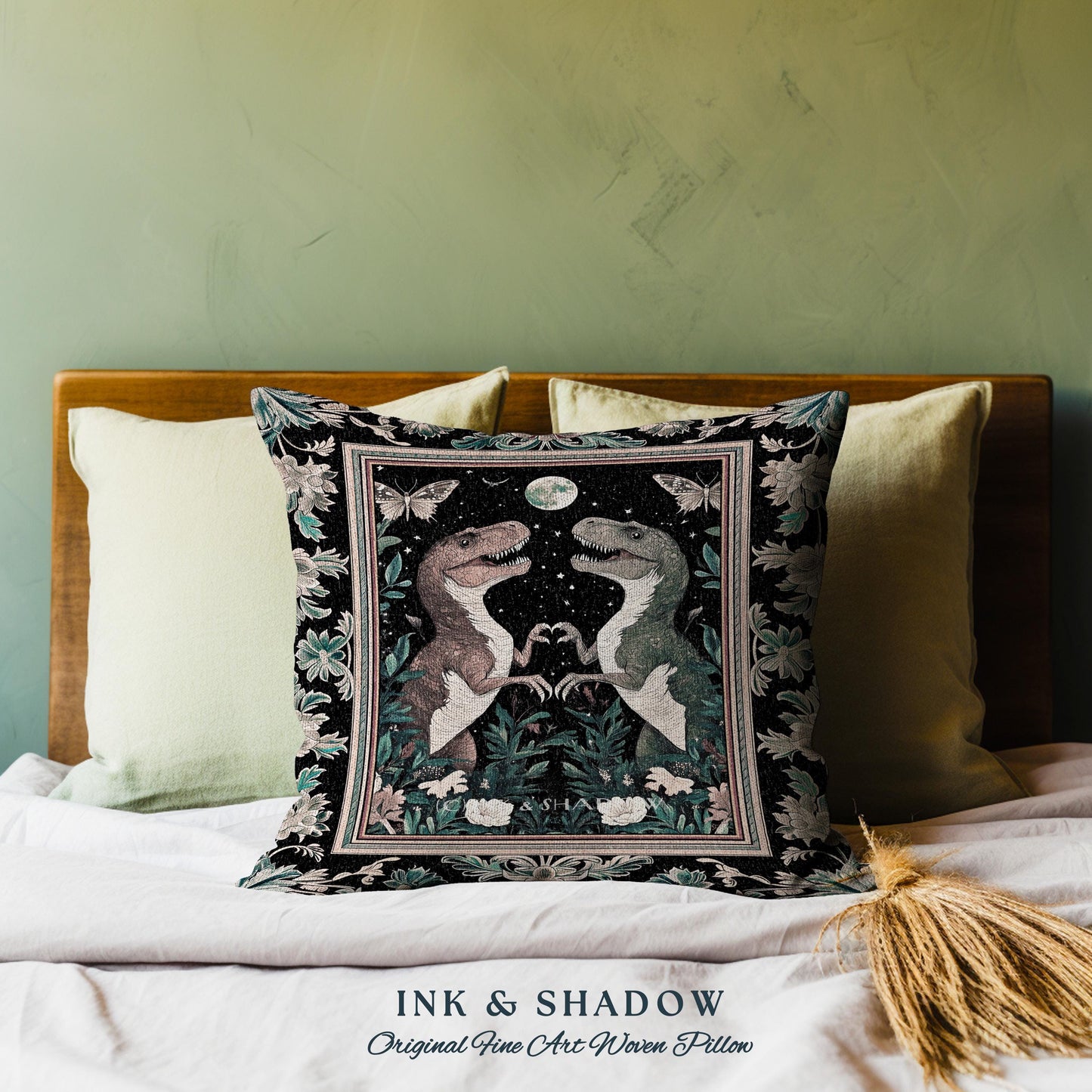 T-Rex Whimsical Academia Pillow | Dinosaur Woven Cushion Ornate Medieval Nightscape Vintage Dark Woodland Gothic Moonlit Moth Bedroom Cute |