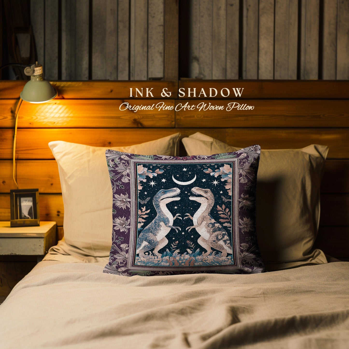 Whimsigoth Dinosaur Pillow Celestial T-Rex Starry Night Decor, Mystic Jurassic Forest Fairycore Enchanted Woodland Witchy Magic Cottagecore
