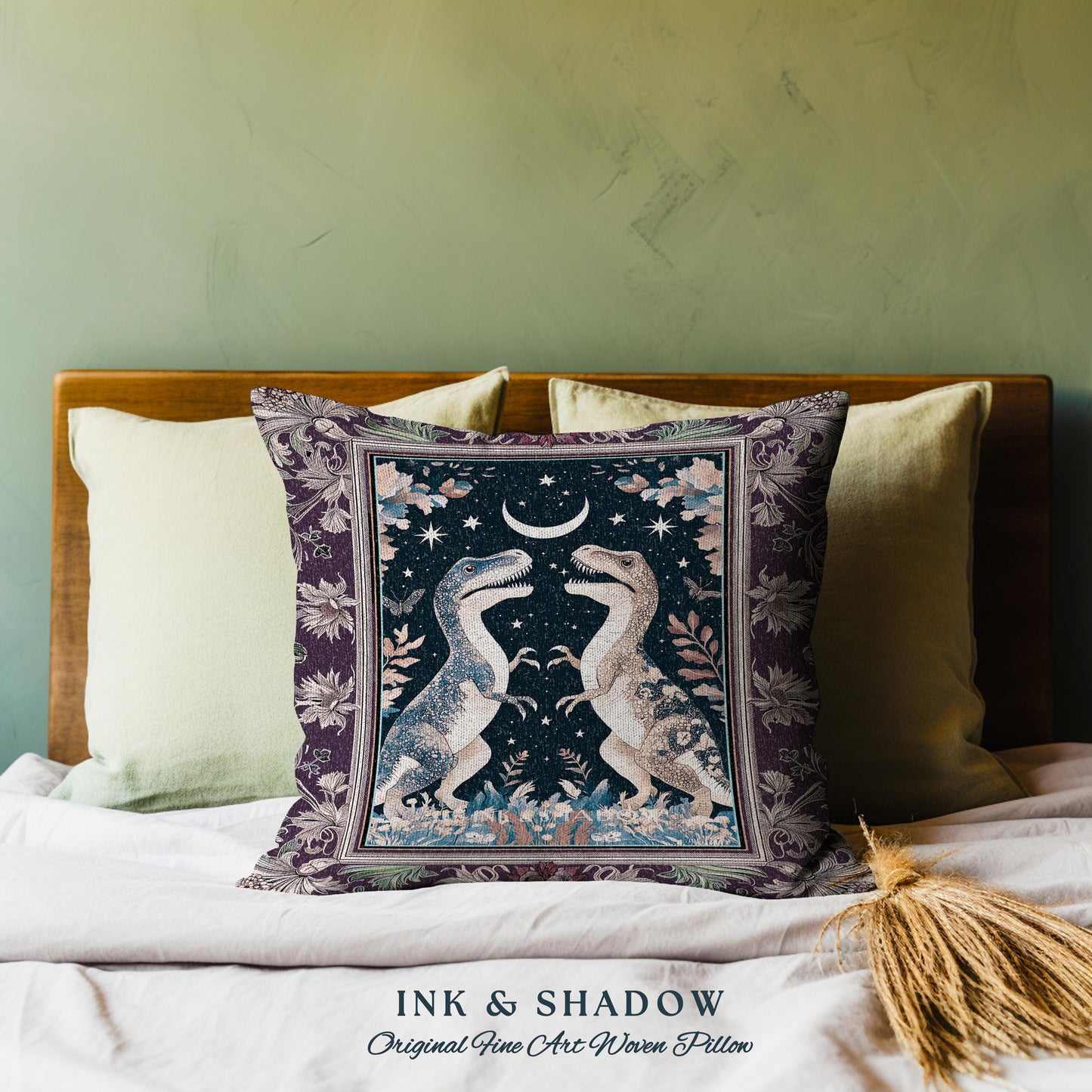 Whimsigoth Dinosaur Pillow Celestial T-Rex Starry Night Decor, Mystic Jurassic Forest Fairycore Enchanted Woodland Witchy Magic Cottagecore