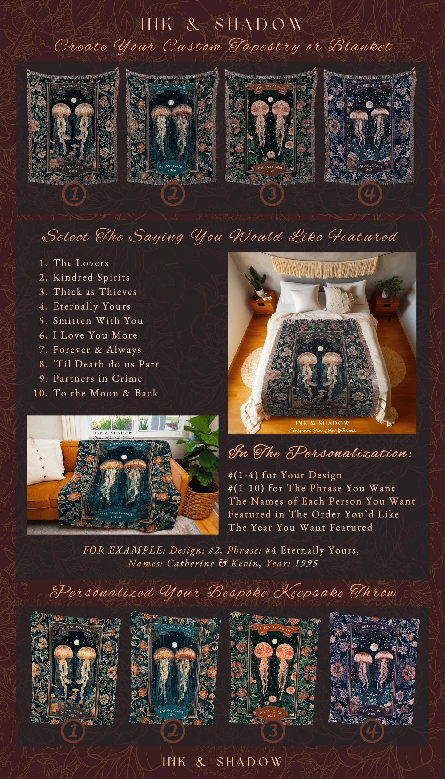 His and Hers Jellyfish Throw Blanket | Underwater Sea Scene Tapestry Celestial Cottagecore Enchanted Wedding Whimsigothic Art Personalized