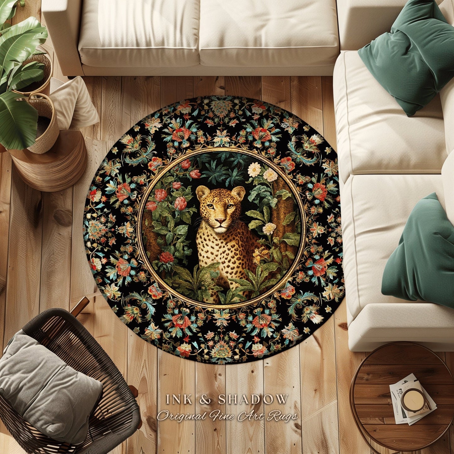 Whimsigoth Dark Floral Round Leopard Rug Dark Academia Decor | Maximalist Aesthetic Vintage Botanical Animal Lovers Cottagecore Jungle Decor
