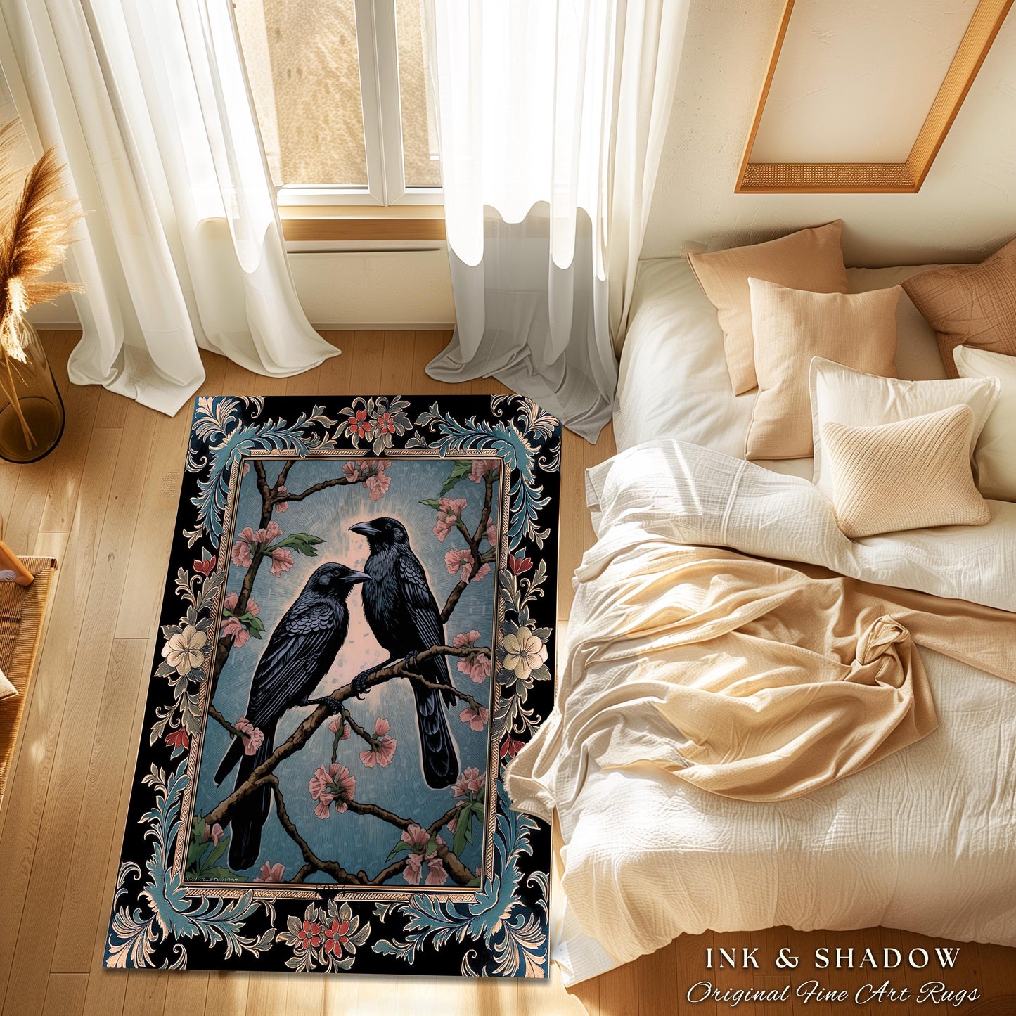 Dark Cottagecore Bird Home Decor Whimsical Woodland Gothic Raven Rug | Dark Academia Whimsigothic Crowcore Dusty Blue Enchanted Forestcore