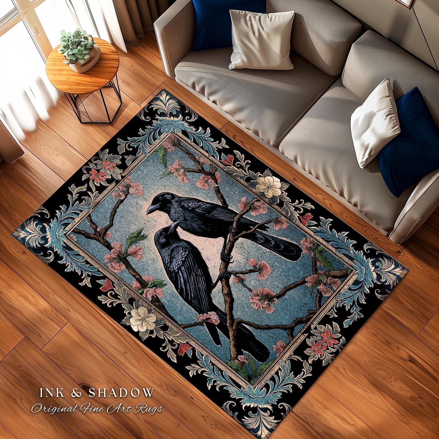 Dark Cottagecore Bird Home Decor Whimsical Woodland Gothic Raven Rug | Dark Academia Whimsigothic Crowcore Dusty Blue Enchanted Forestcore