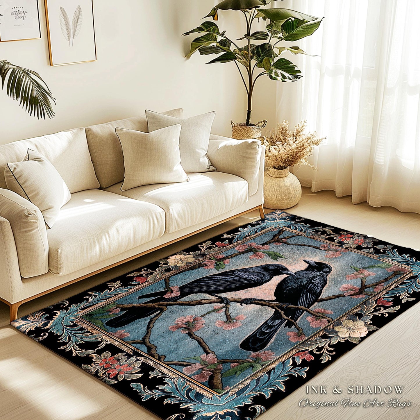Dark Cottagecore Bird Home Decor Whimsical Woodland Gothic Raven Rug | Dark Academia Whimsigothic Crowcore Dusty Blue Enchanted Forestcore