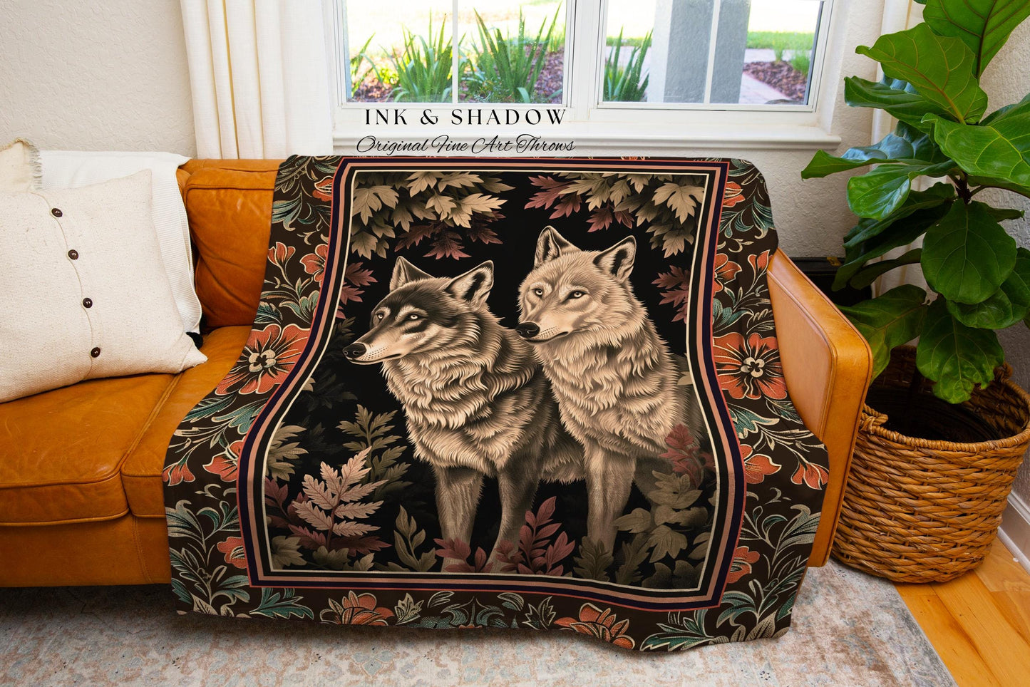 Victorian Gothic Wolf Blanket Dark Enchanted Forest Antique Baroque Decor, Whimsical Woodland Wolves Art Medieval Cottagecore Tapestry Throw