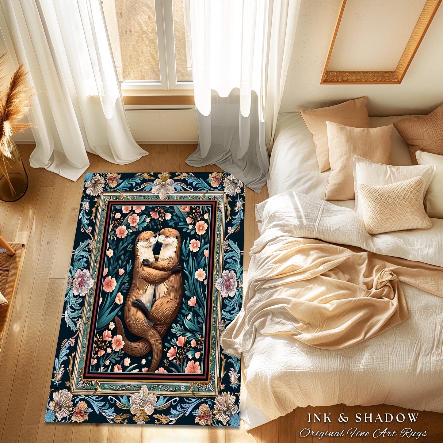 Cute Woodland Otter Area Rug | Boho Folklore Whimsical Botanical Floor Rug for Bedroom Floral Ethereal Ornate Decoration for Otter Lover |