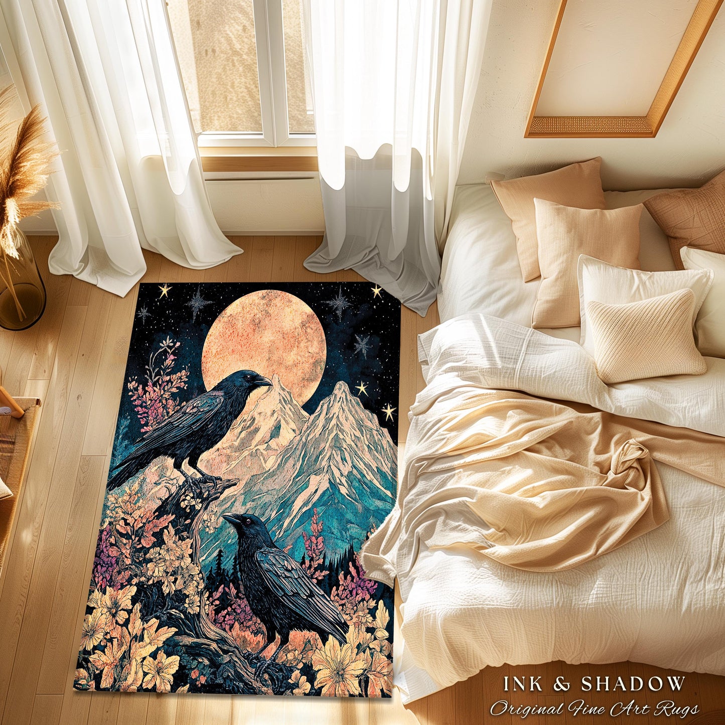 Moonrise Crow Celestial Area Rug | Celestial Woodland Gothic Maximalist Crowcore Bedroom Decor Aesthetic Botanical Room Victorian Raven |