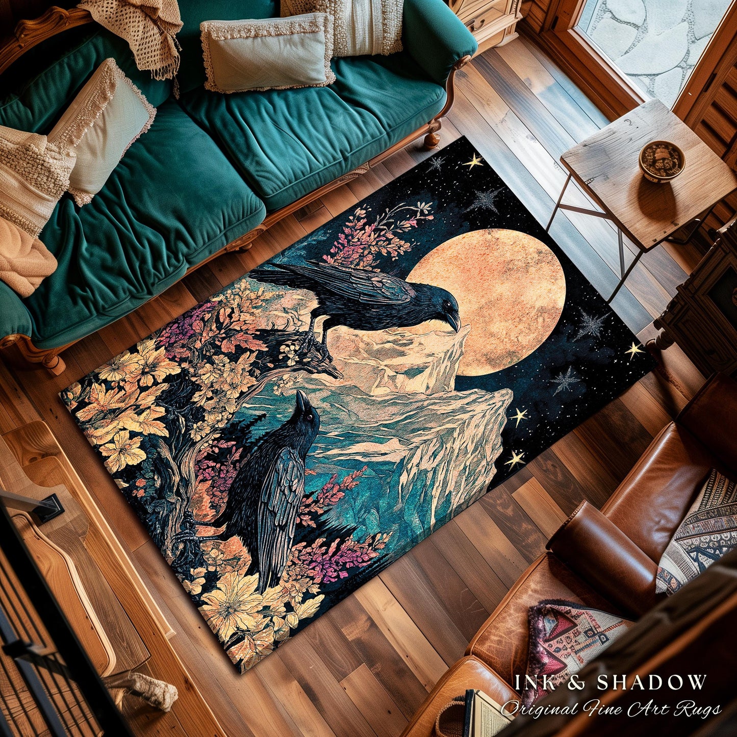 Moonrise Crow Celestial Area Rug | Celestial Woodland Gothic Maximalist Crowcore Bedroom Decor Aesthetic Botanical Room Victorian Raven |