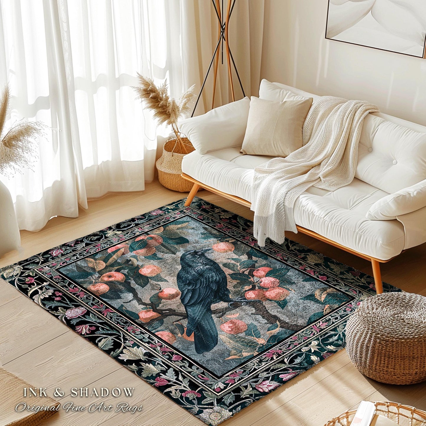Dark Cottagecore Raven Accent Rug | Woodland Gothic Dark Maximalist Ethereal Bedroom Decor Aesthetic Botanical Room Victorian Gothic Artwork