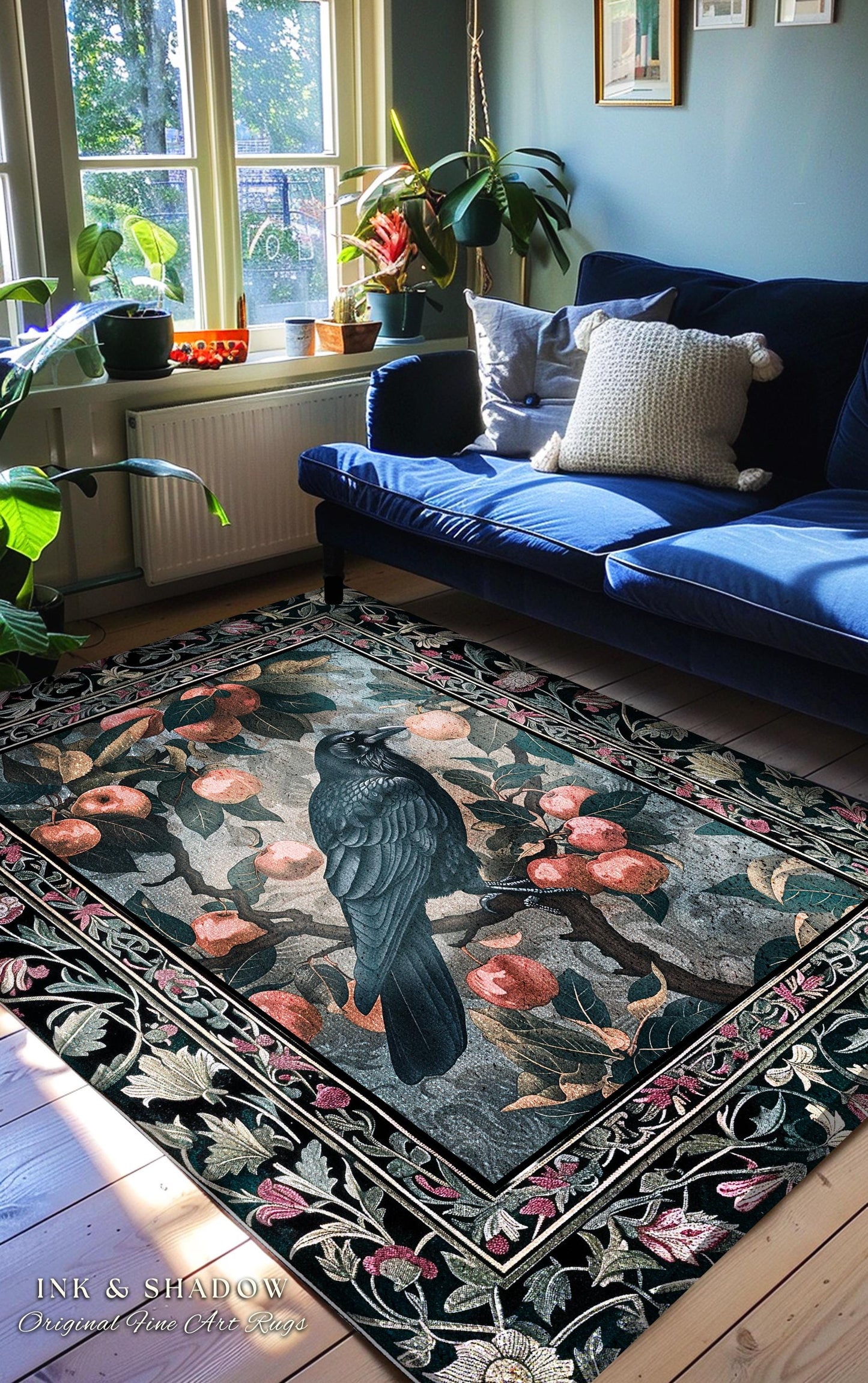 Dark Cottagecore Raven Accent Rug | Woodland Gothic Dark Maximalist Ethereal Bedroom Decor Aesthetic Botanical Room Victorian Gothic Artwork