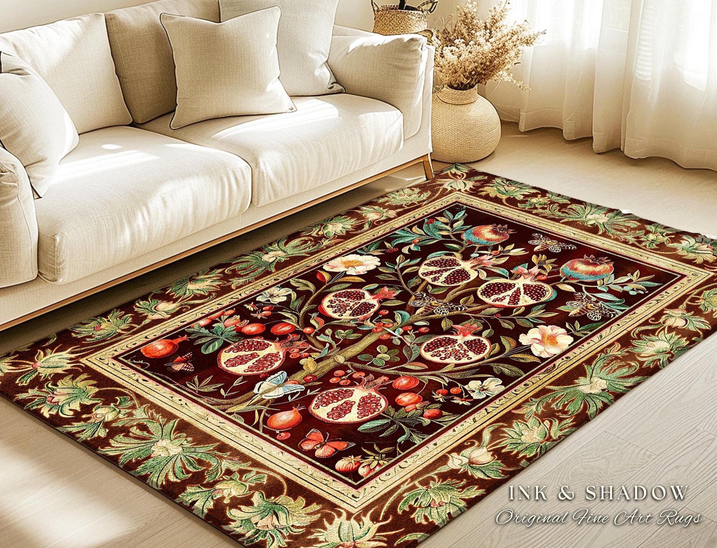Antique Aesthetic Pomegranate Art Rug Enchanted Garden Cottagecore Decor | Gothic Woodland Whimsy Floral Butterfly Moth Vintage Fairycore