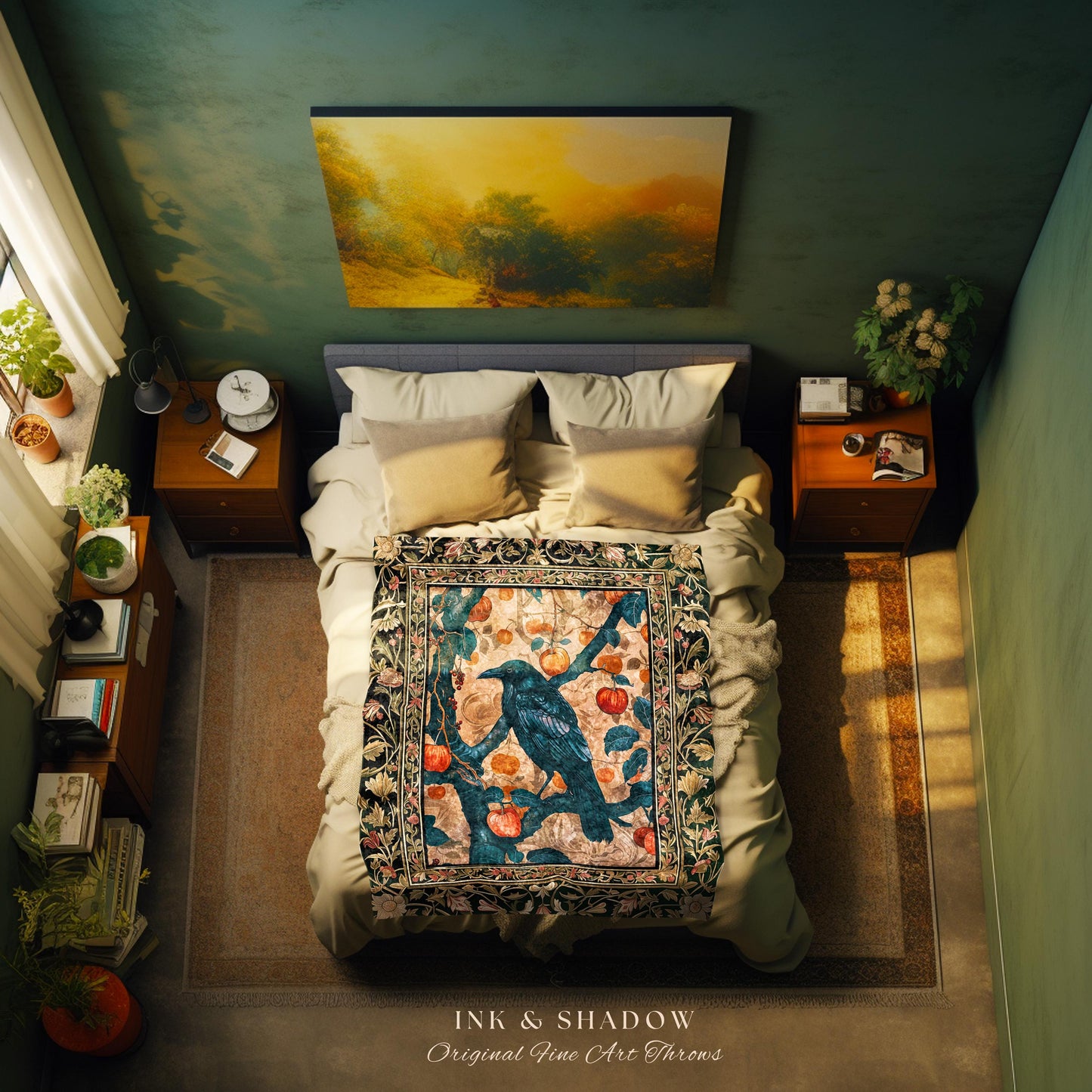 Victorian Raven Enchanted Forest Blanket Whimsical Woodland Gothic Apple Tree Tapestry | Dark Cottgecore Cottage Goth Crowcore Fairy Grunge