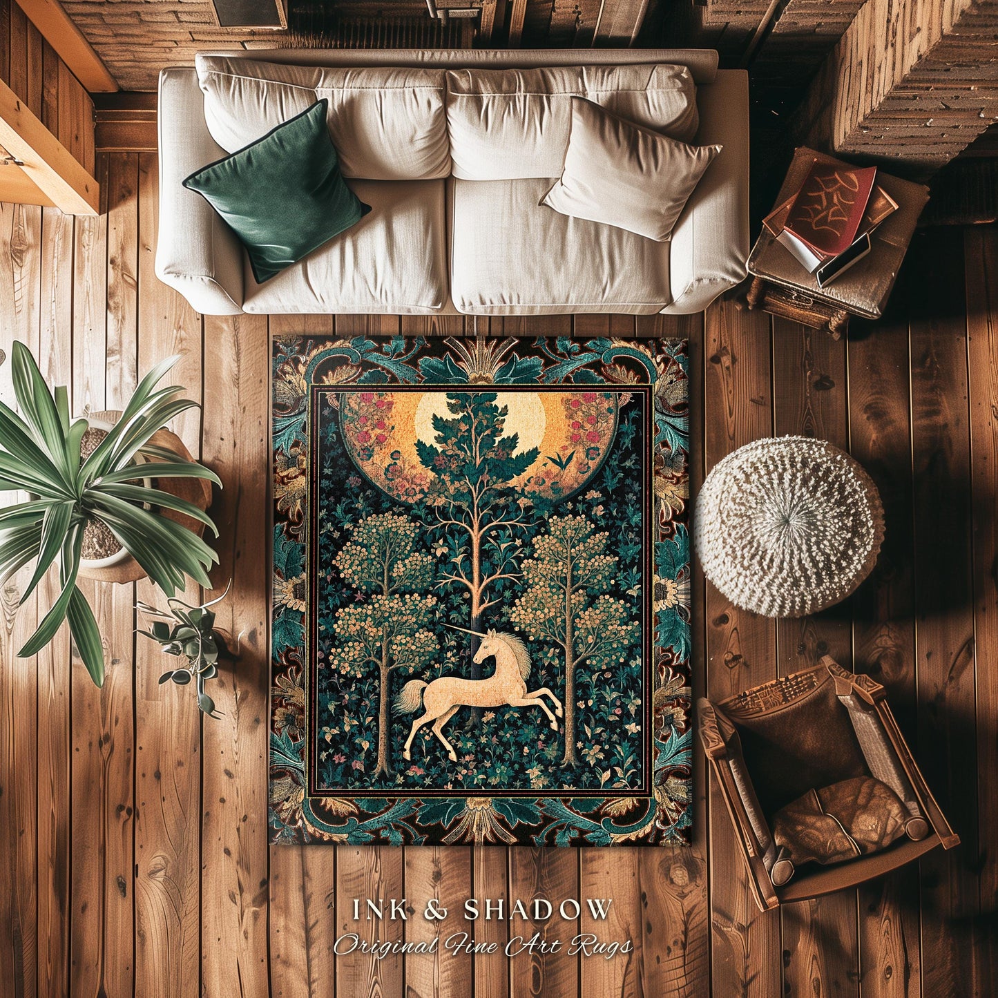 Moonlit Forest Mystical Unicorn Round Rug Medieval Fairycore Decor | Renaissance Whimsical Gothic Aesthetic Baroque Forestcore Home Accent