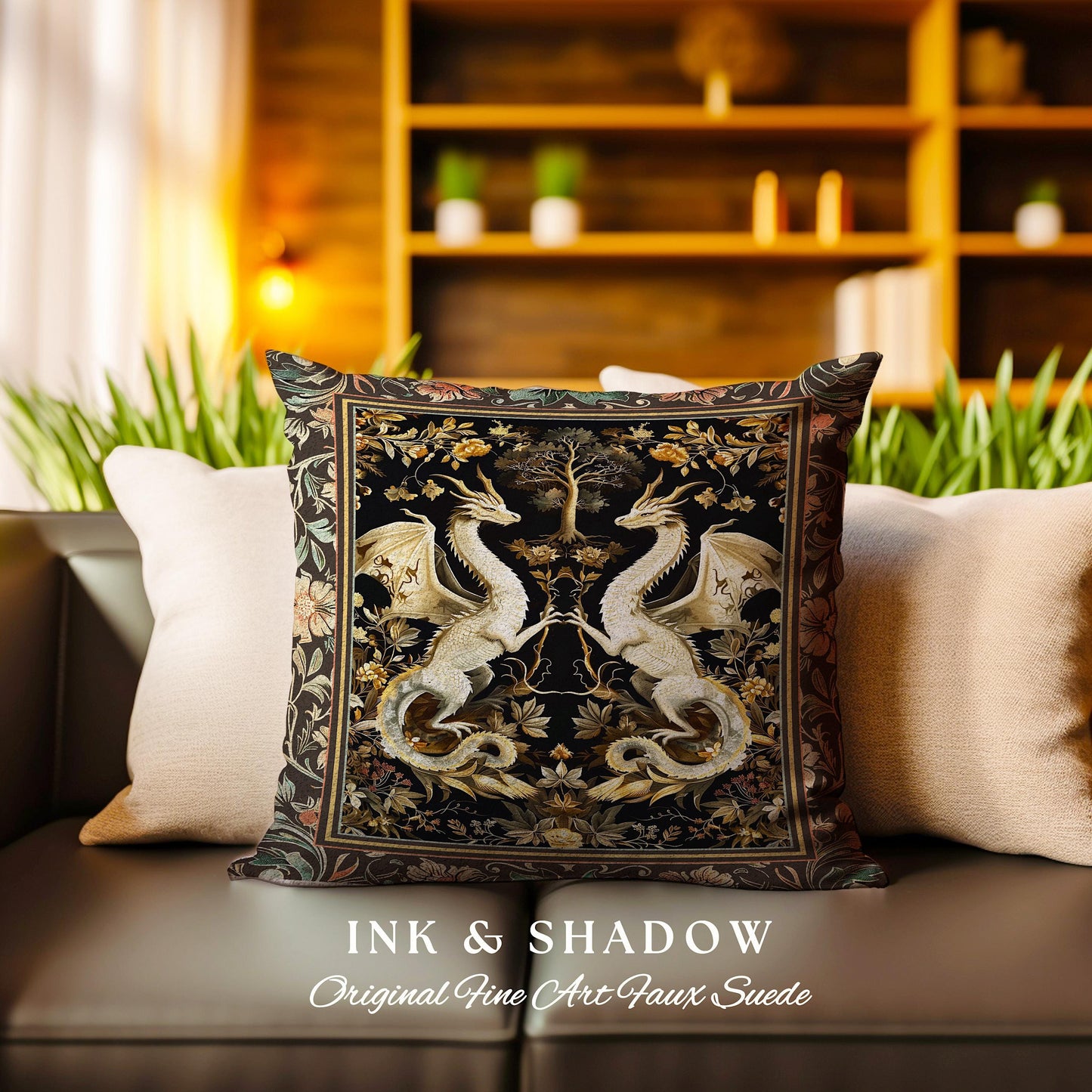 Fantasy Inspired Dragon Pillow Victorian Gothic Decor, Enchanted Medieval Light Academia Whimsigothic Art Fantasy Mystic Tapestry Cushion
