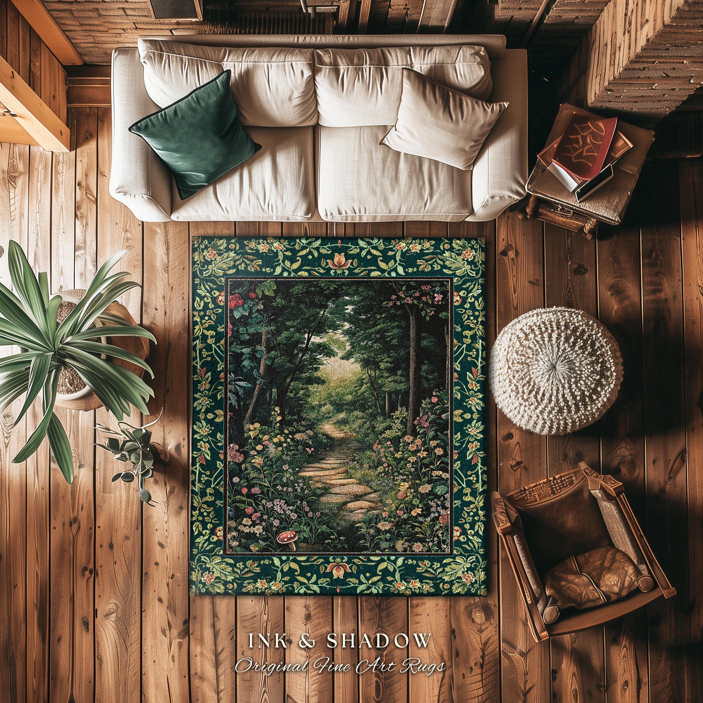 Woodland Forest Cottagecore Round Rug | Fairycore Aesthetic Magical Woodland Bedroom Emerald Green Home Decor Whimsigothic Floor Mat Indie |