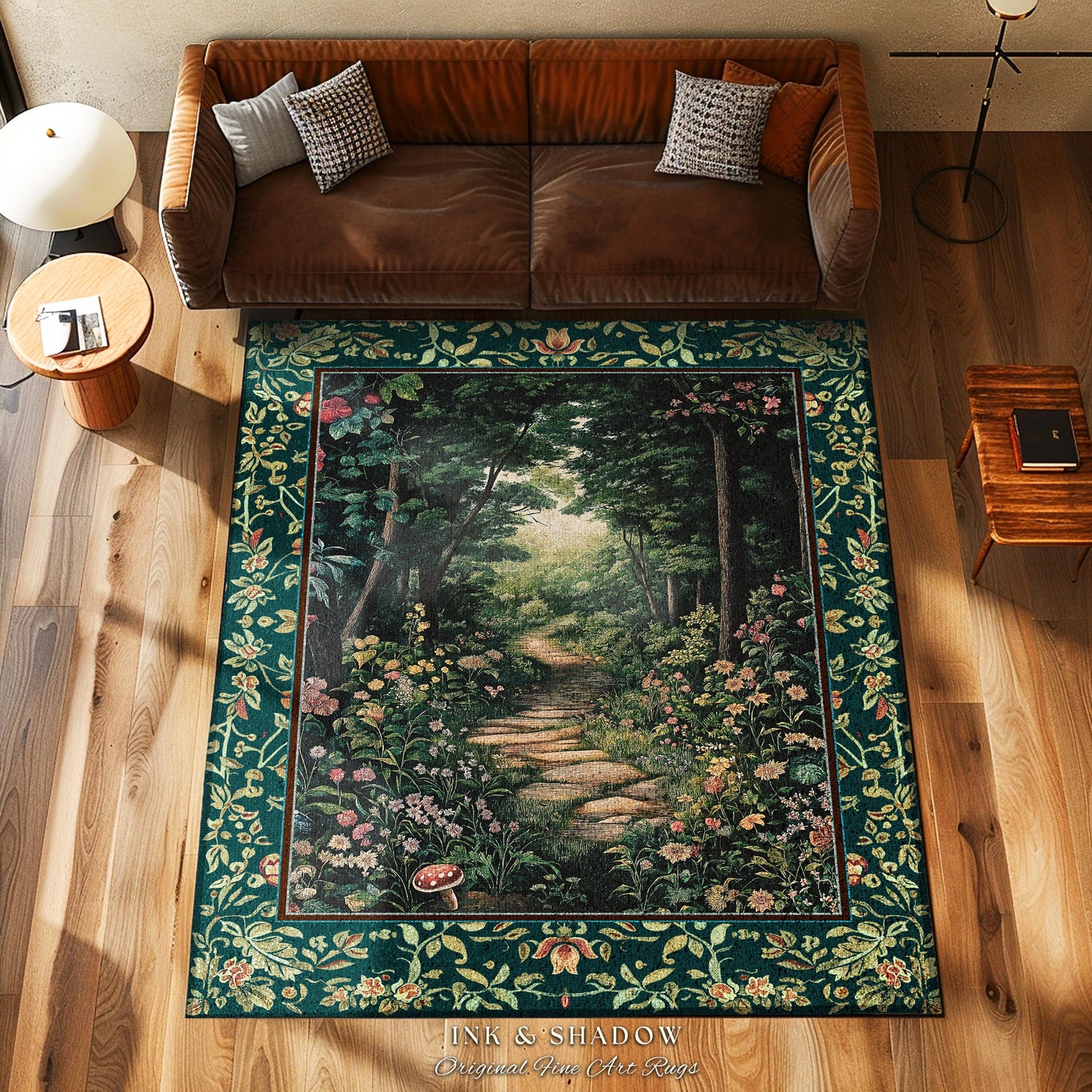 Woodland Forest Cottagecore Kitchen Rug | Fairycore Aesthetic Magical Woodland Entryway Emerald Green Home Decor Whimsigothic Floor Mat Long