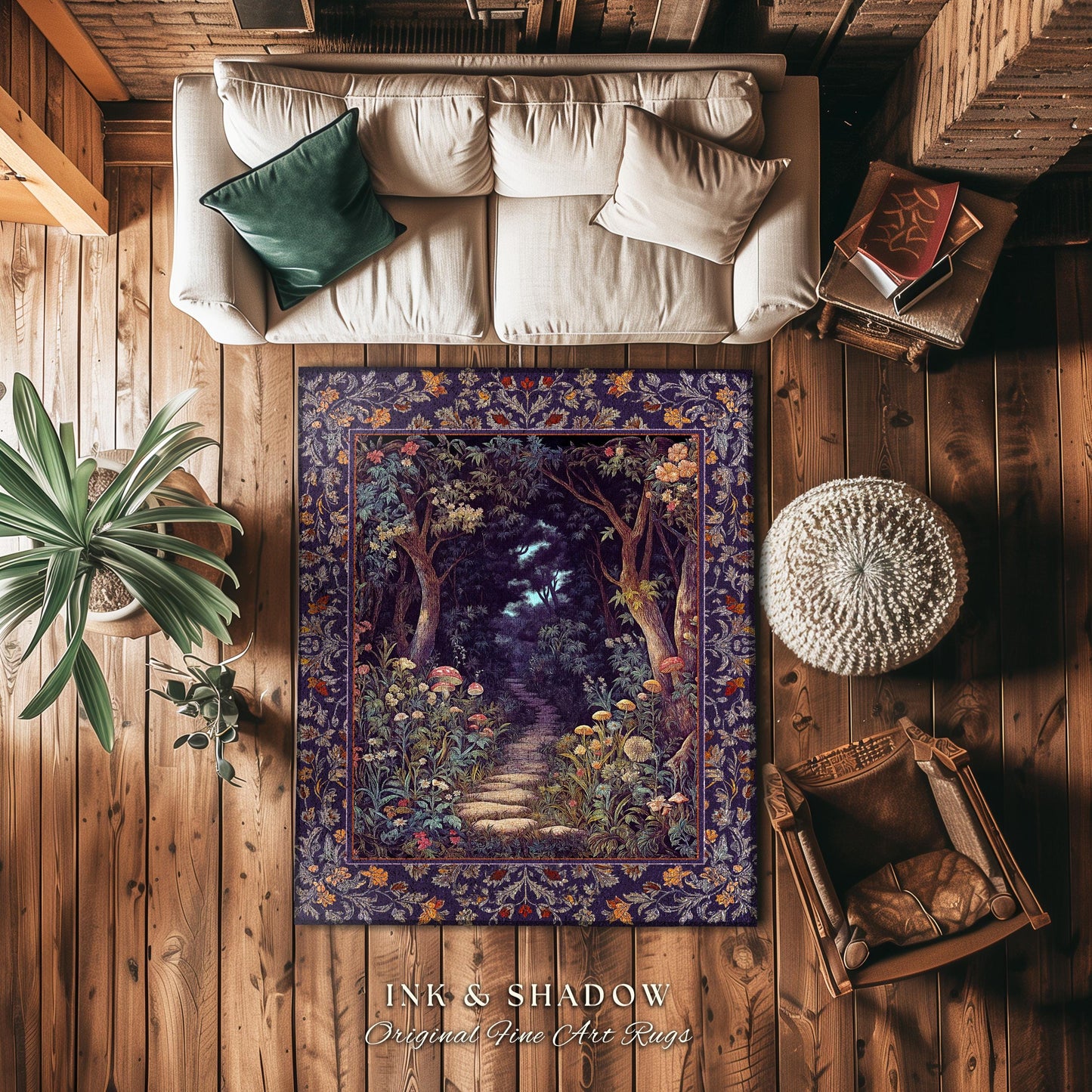 Magical Woodland Mushroom Round Rug | Fairytale Theme Woodland Botanical Aesthetic Whimsical Home Decor Bedroom Housewarming Gift Purple |