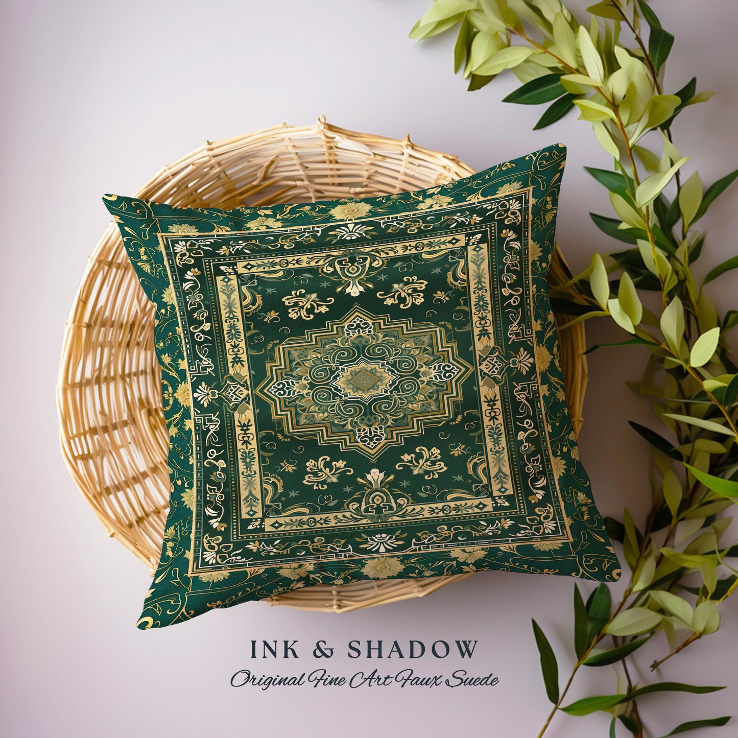 Gothic Maximalist Accent Pillow Bohemian Luxe Ornate Geometric Forest Green & Antique Gold Vintage Victorian Cottagecore Tapestry Cushion