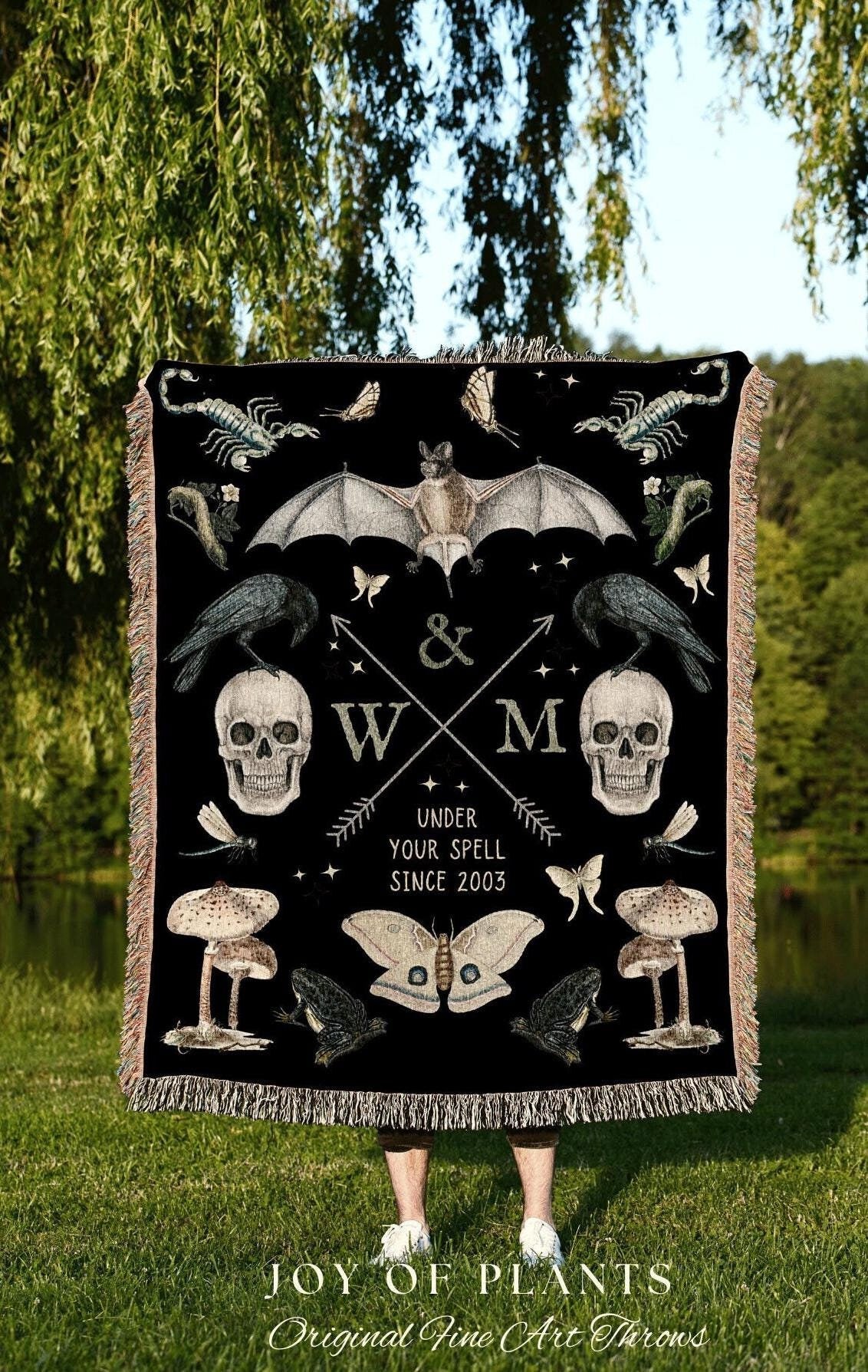 Gothic Anniversary Gift Custom Initials Blanket Woven Tapestry | Personalized Anniversary Gift Blanket Custom Monogram Gift for Goth Couples