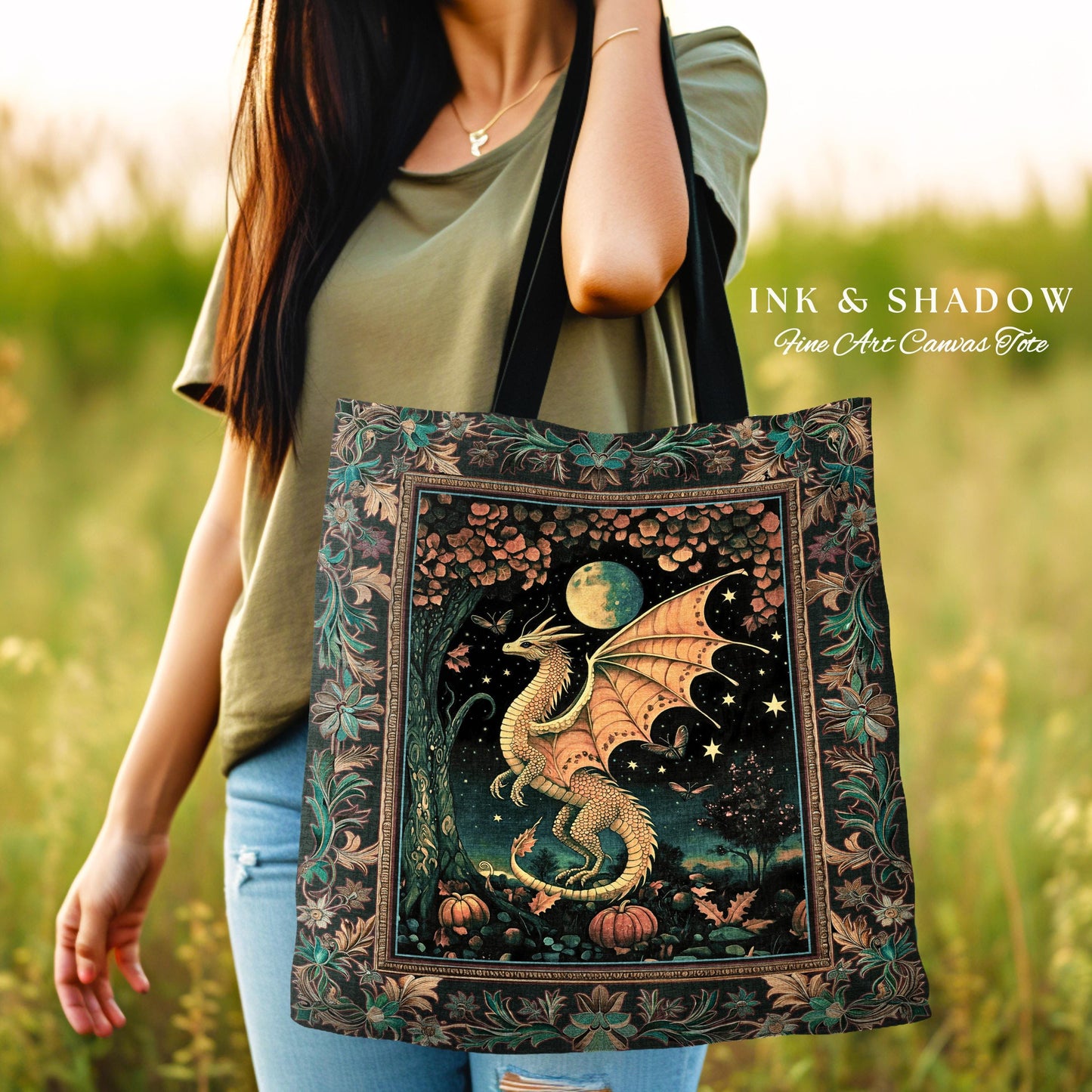 Witchy Whimsigothic Enchanted Night Moonlit Mystic Dragon Tote Celestial Fairytale Tapestry Bag, Mythical Fantasy Forestcore Art Decor Gift