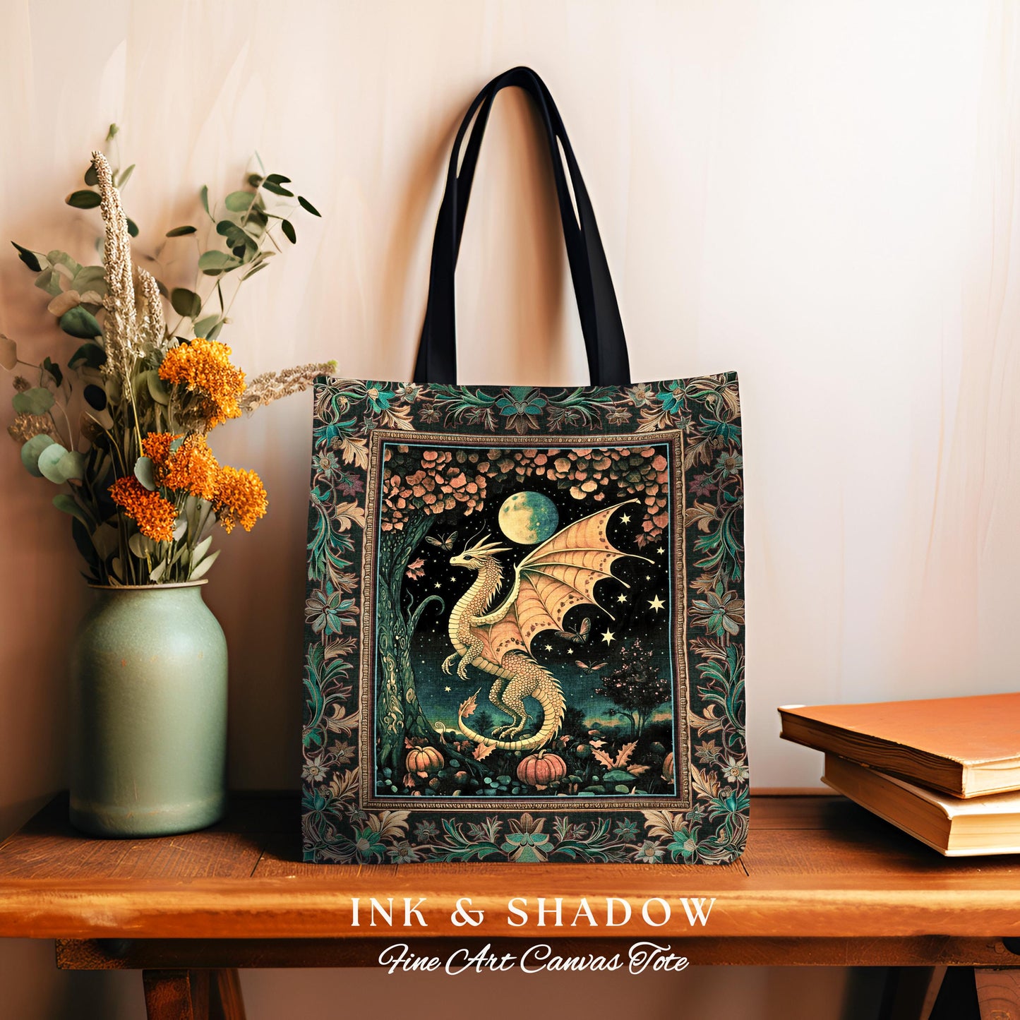 Witchy Whimsigothic Enchanted Night Moonlit Mystic Dragon Tote Celestial Fairytale Tapestry Bag, Mythical Fantasy Forestcore Art Decor Gift