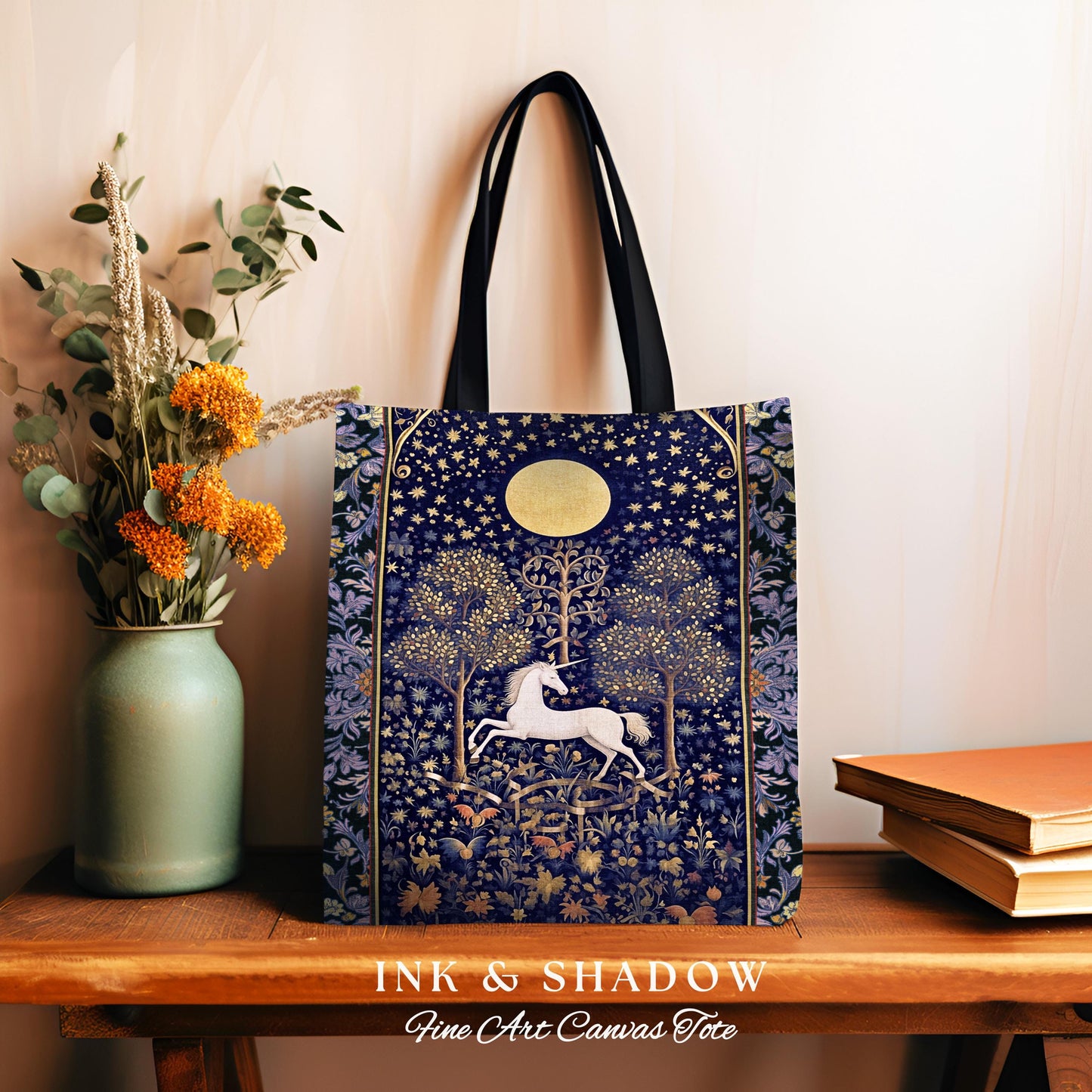 Medieval Fairytale Unicorn Tote | Gothic Whimsical Eclectic Fairycore Woven Tote Bag Victorian Gothic Dark Floral Decor French Baroque Art |