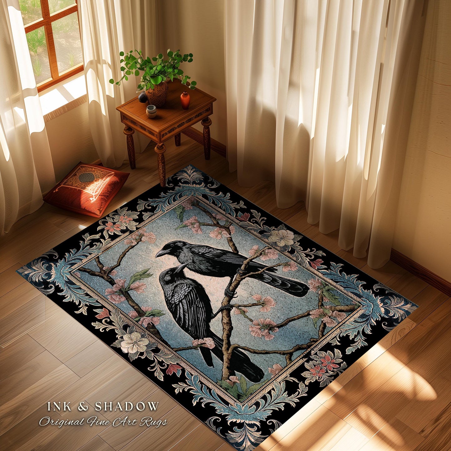 Dark Cottagecore Bird Home Decor Whimsical Woodland Gothic Raven Rug | Dark Academia Whimsigothic Crowcore Dusty Blue Enchanted Forestcore