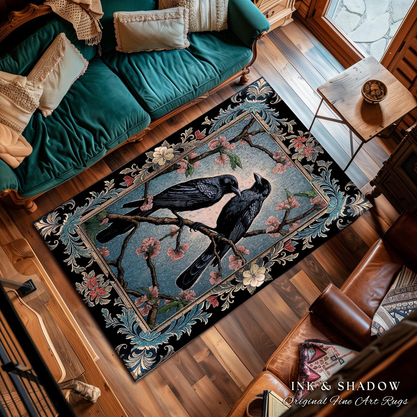 Dark Cottagecore Bird Home Decor Whimsical Woodland Gothic Raven Rug | Dark Academia Whimsigothic Crowcore Dusty Blue Enchanted Forestcore
