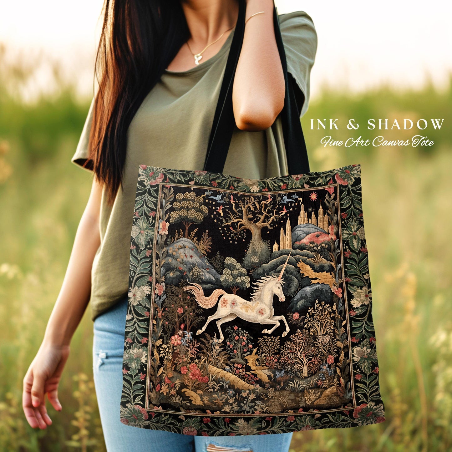 Fairytale Unicorn Tapestry Tote Mystical Folklore Aesthetic Whimsical Forestcore Accessory, Fairycore Cottagecore Magic Woodland Woven Bag