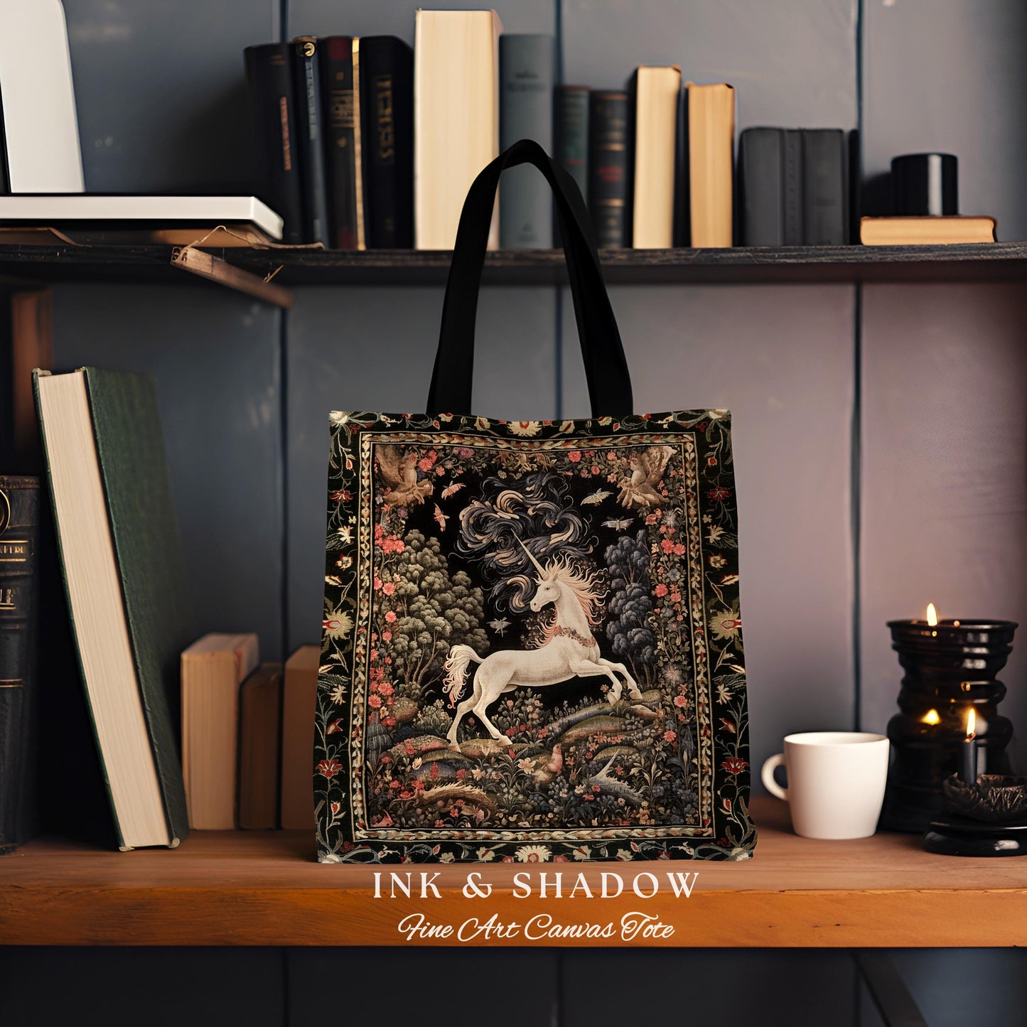 Enchanted Unicorn Woven Tote Fairytale Art Aesthetic Cottagecore Mystical Art Nouveau Tapestry Bag, Woodland Fantasy Fairycore Accessories