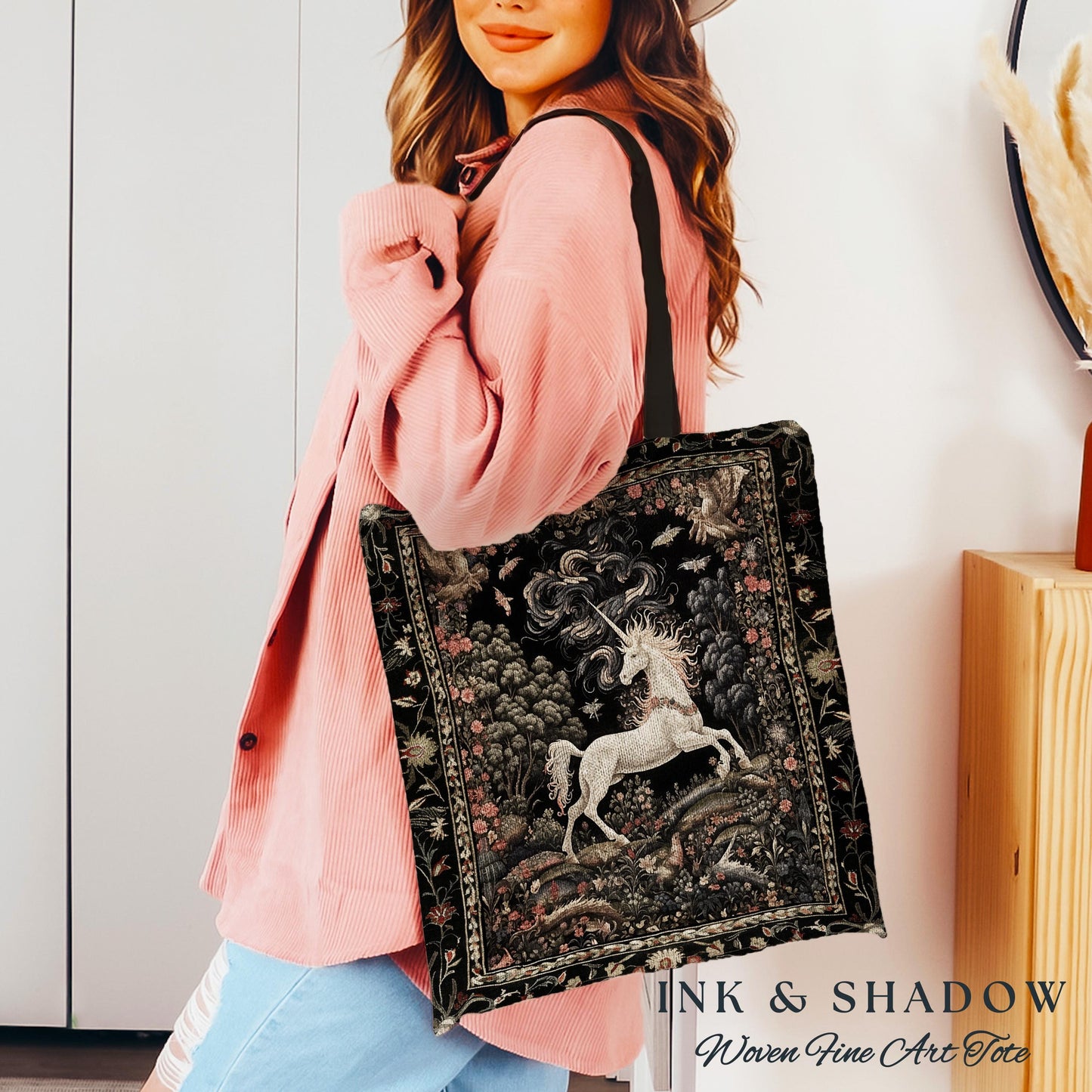 Enchanted Unicorn Woven Tote Fairytale Art Aesthetic Cottagecore Mystical Art Nouveau Tapestry Bag, Woodland Fantasy Fairycore Accessories