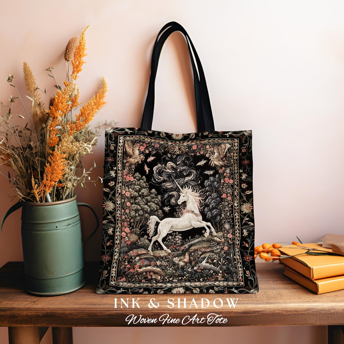 Enchanted Unicorn Woven Tote Fairytale Art Aesthetic Cottagecore Mystical Art Nouveau Tapestry Bag, Woodland Fantasy Fairycore Accessories