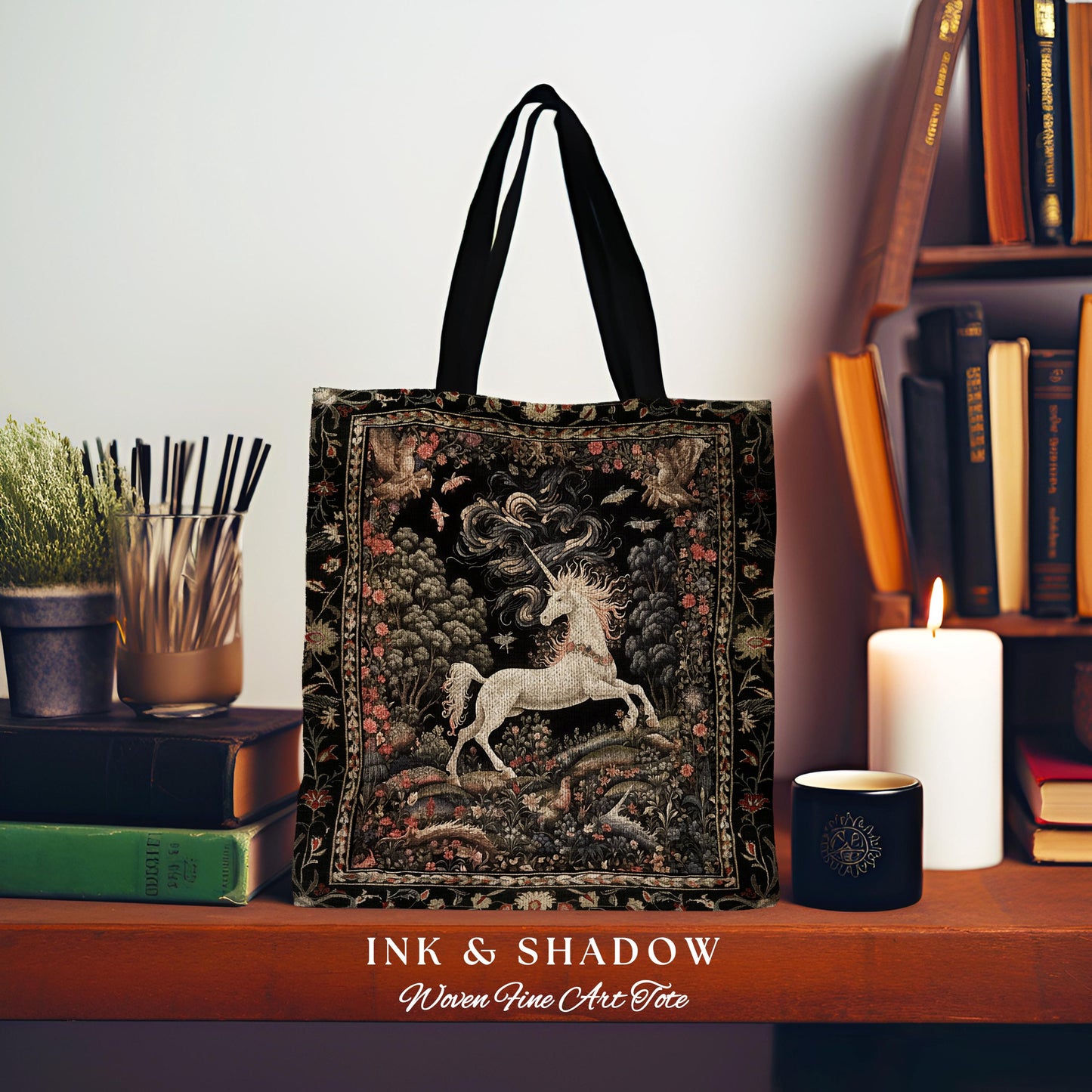 Enchanted Unicorn Woven Tote Fairytale Art Aesthetic Cottagecore Mystical Art Nouveau Tapestry Bag, Woodland Fantasy Fairycore Accessories