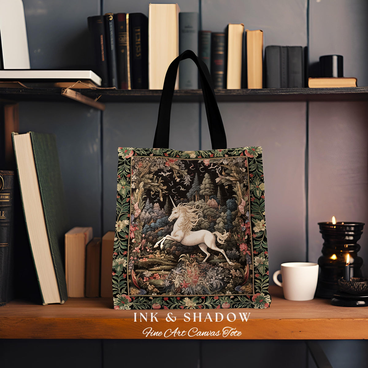 Whimsical Folklore Unicorn Tote Mystical Botanical Cottagecore Accessory, Morris Style Fairycore Art Princesscore Style Woven Tapestry Bag