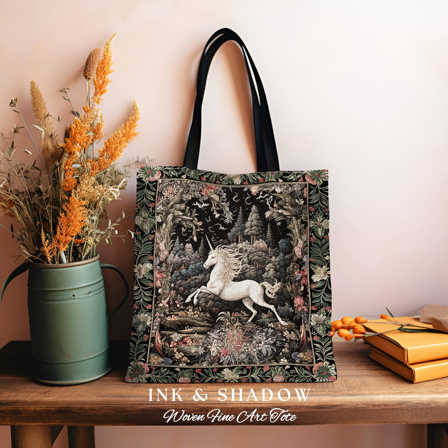 Whimsical Folklore Unicorn Tote Mystical Botanical Cottagecore Accessory, Morris Style Fairycore Art Princesscore Style Woven Tapestry Bag