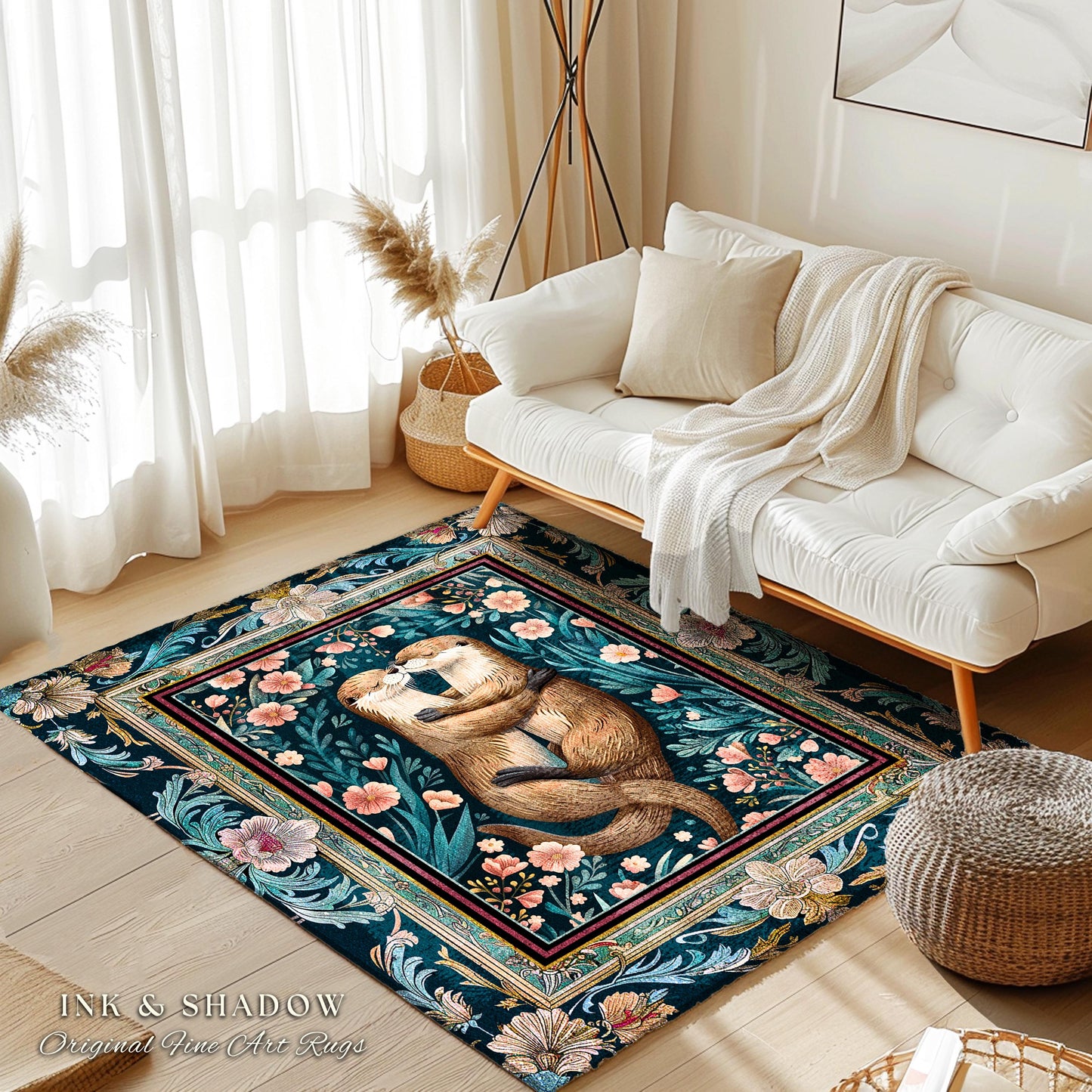 Cute Woodland Otter Area Rug | Boho Folklore Whimsical Botanical Floor Rug for Bedroom Floral Ethereal Ornate Decoration for Otter Lover |