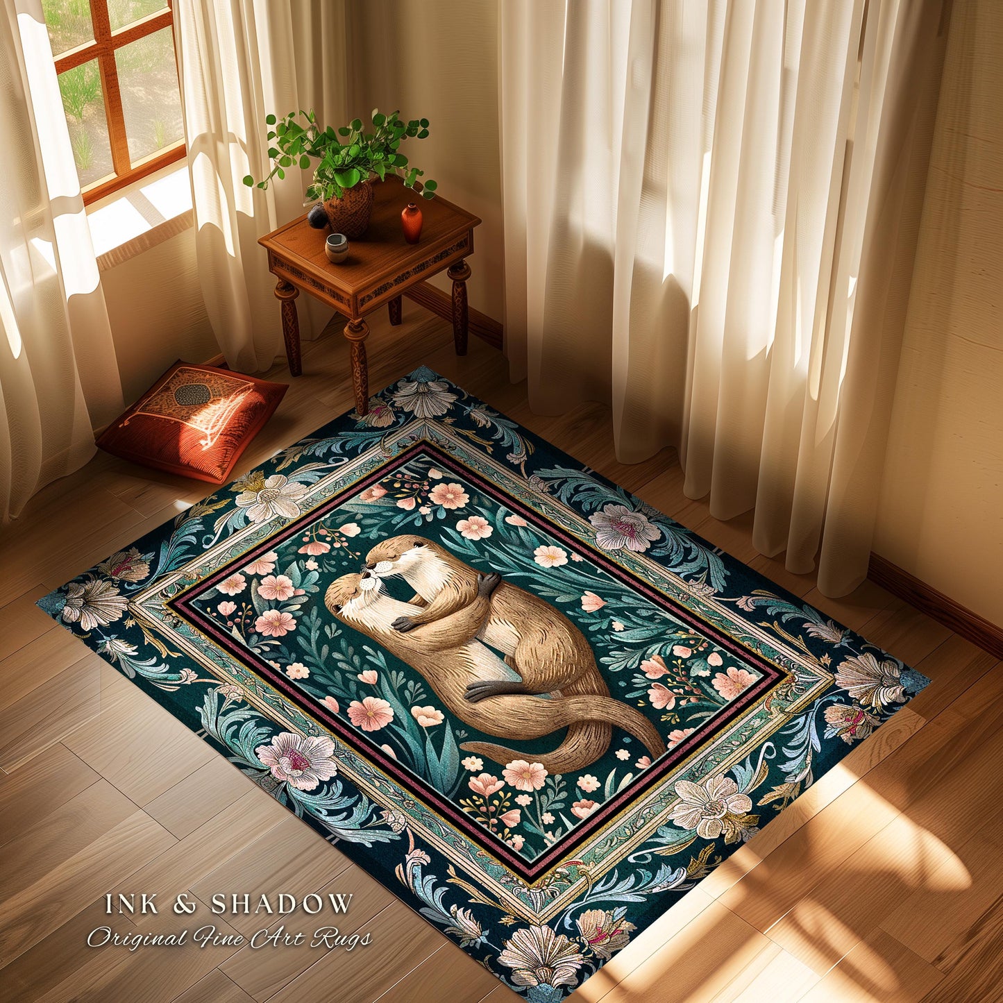 Cute Woodland Otter Area Rug | Boho Folklore Whimsical Botanical Floor Rug for Bedroom Floral Ethereal Ornate Decoration for Otter Lover |