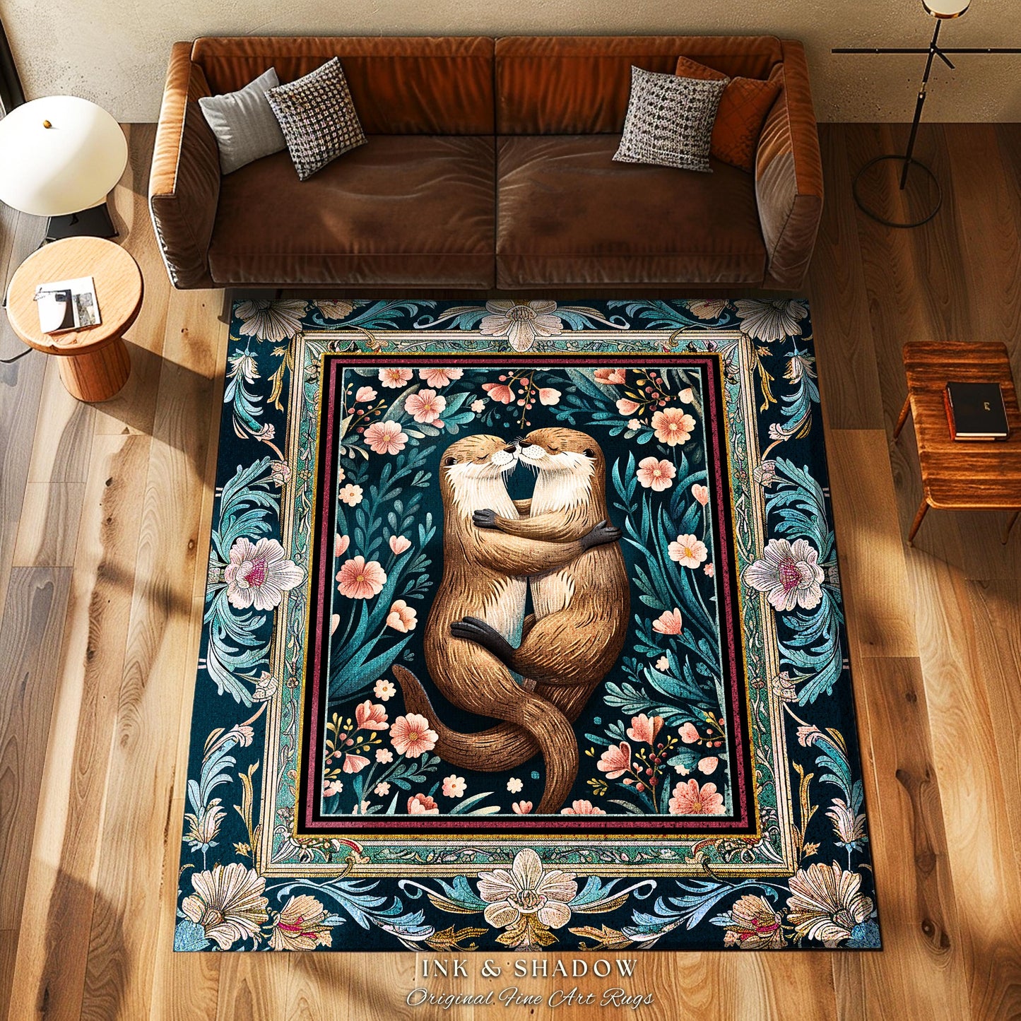 Cute Woodland Otter Area Rug | Boho Folklore Whimsical Botanical Floor Rug for Bedroom Floral Ethereal Ornate Decoration for Otter Lover |