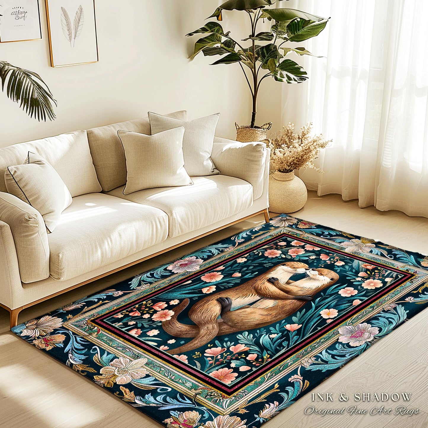 Cute Woodland Otter Area Rug | Boho Folklore Whimsical Botanical Floor Rug for Bedroom Floral Ethereal Ornate Decoration for Otter Lover |