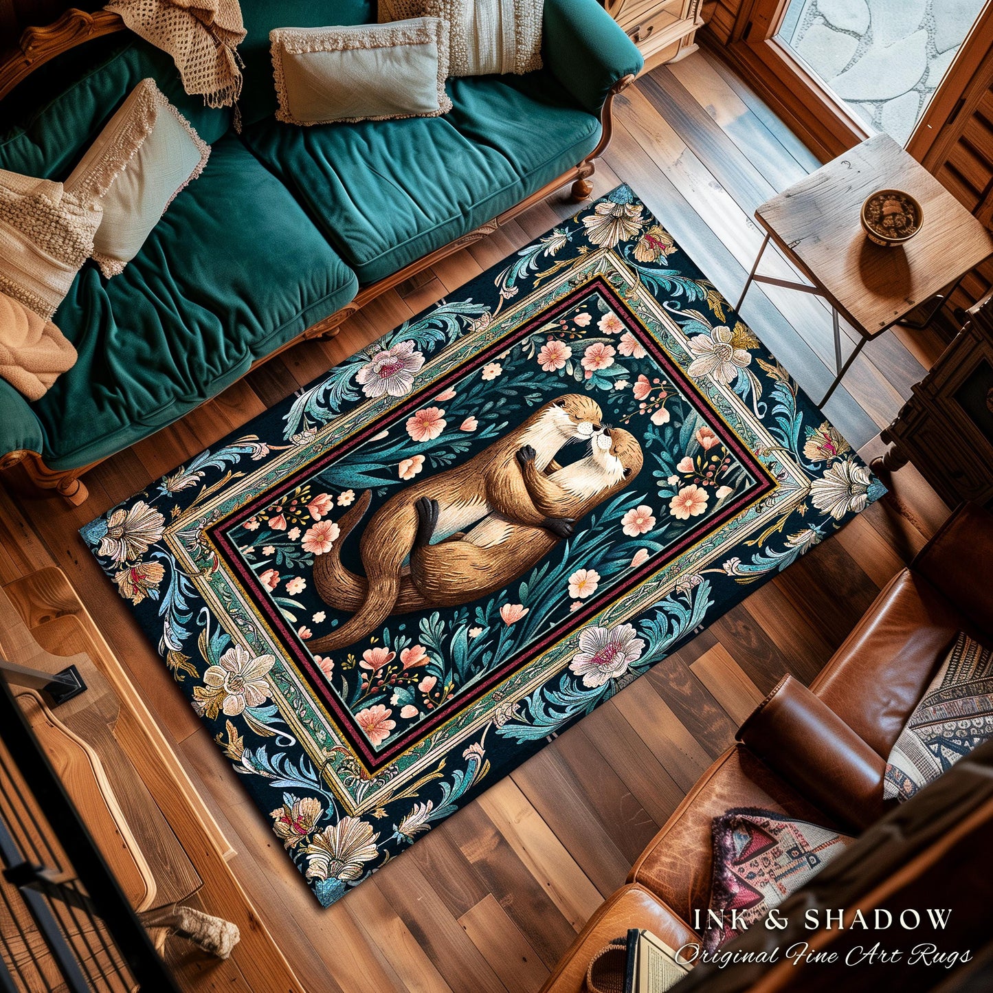 Cute Woodland Otter Area Rug | Boho Folklore Whimsical Botanical Floor Rug for Bedroom Floral Ethereal Ornate Decoration for Otter Lover |
