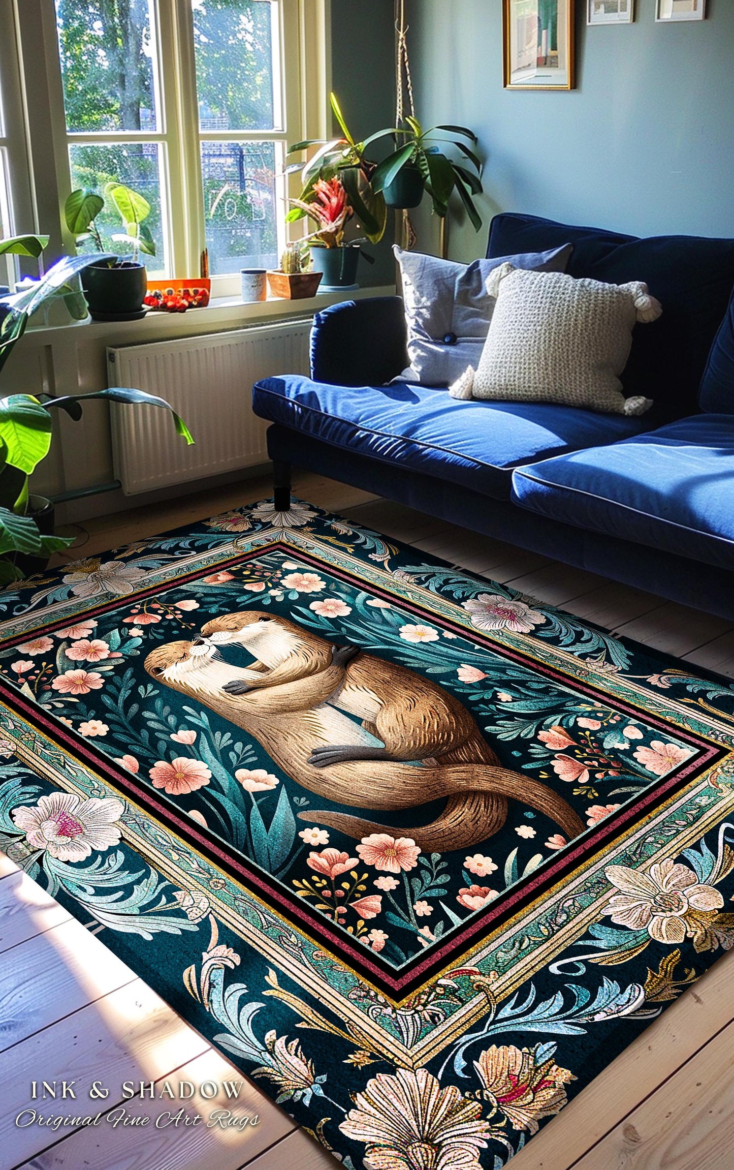 Cute Woodland Otter Area Rug | Boho Folklore Whimsical Botanical Floor Rug for Bedroom Floral Ethereal Ornate Decoration for Otter Lover |