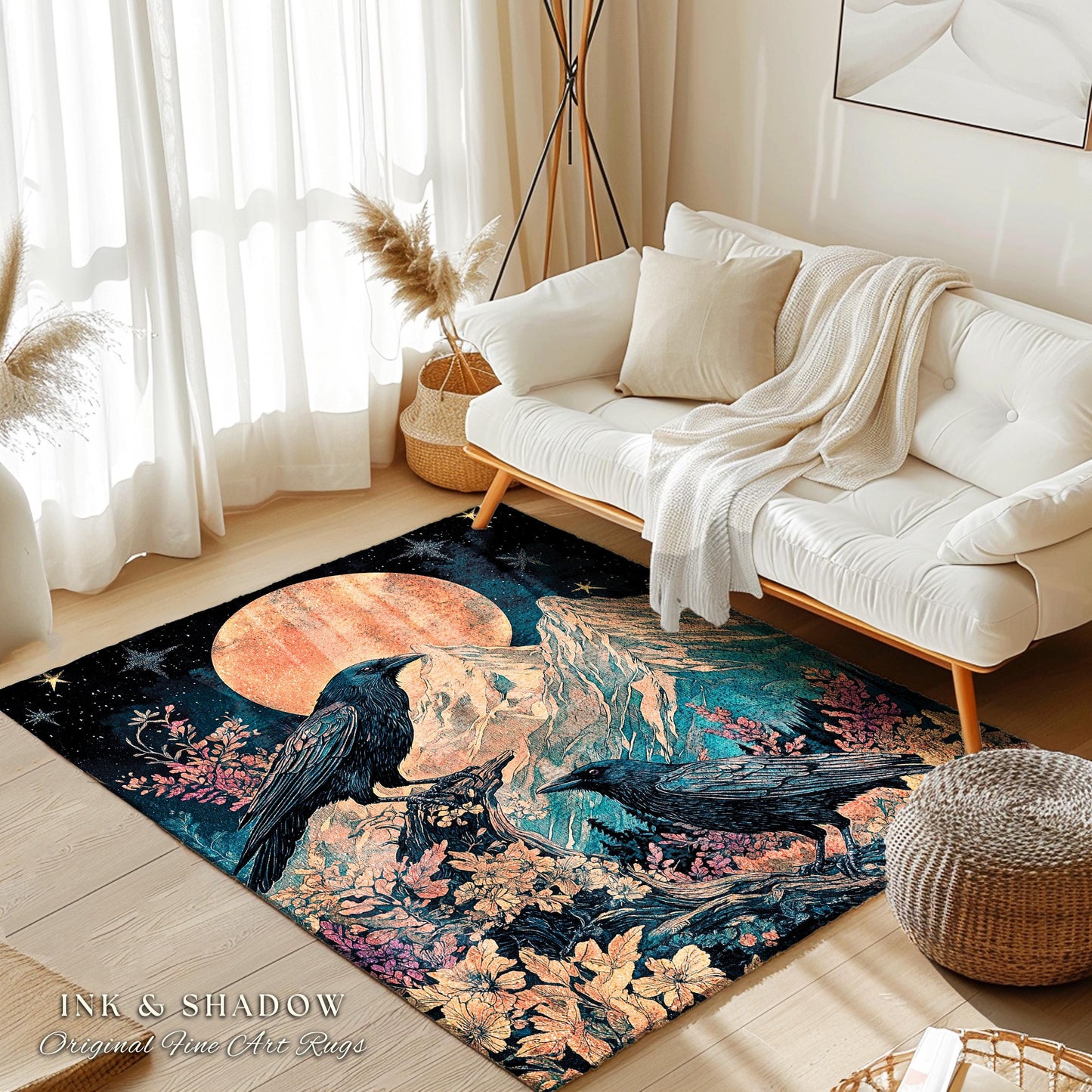 Moonrise Crow Celestial Area Rug | Celestial Woodland Gothic Maximalist Crowcore Bedroom Decor Aesthetic Botanical Room Victorian Raven |
