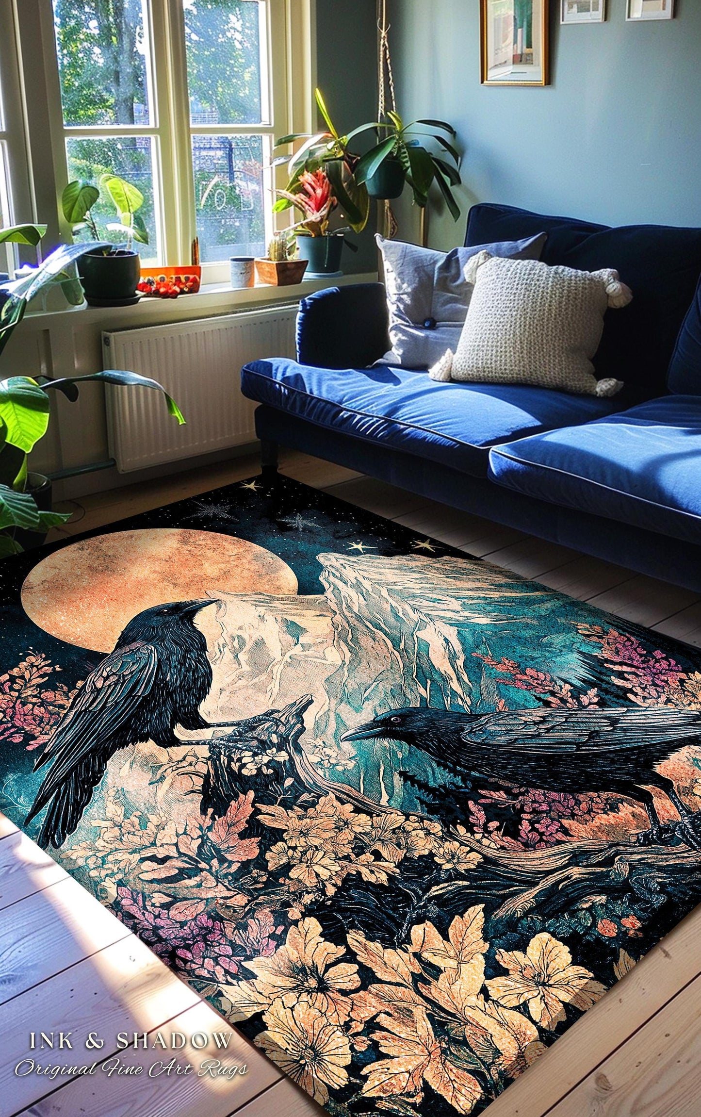 Moonrise Crow Celestial Area Rug | Celestial Woodland Gothic Maximalist Crowcore Bedroom Decor Aesthetic Botanical Room Victorian Raven |